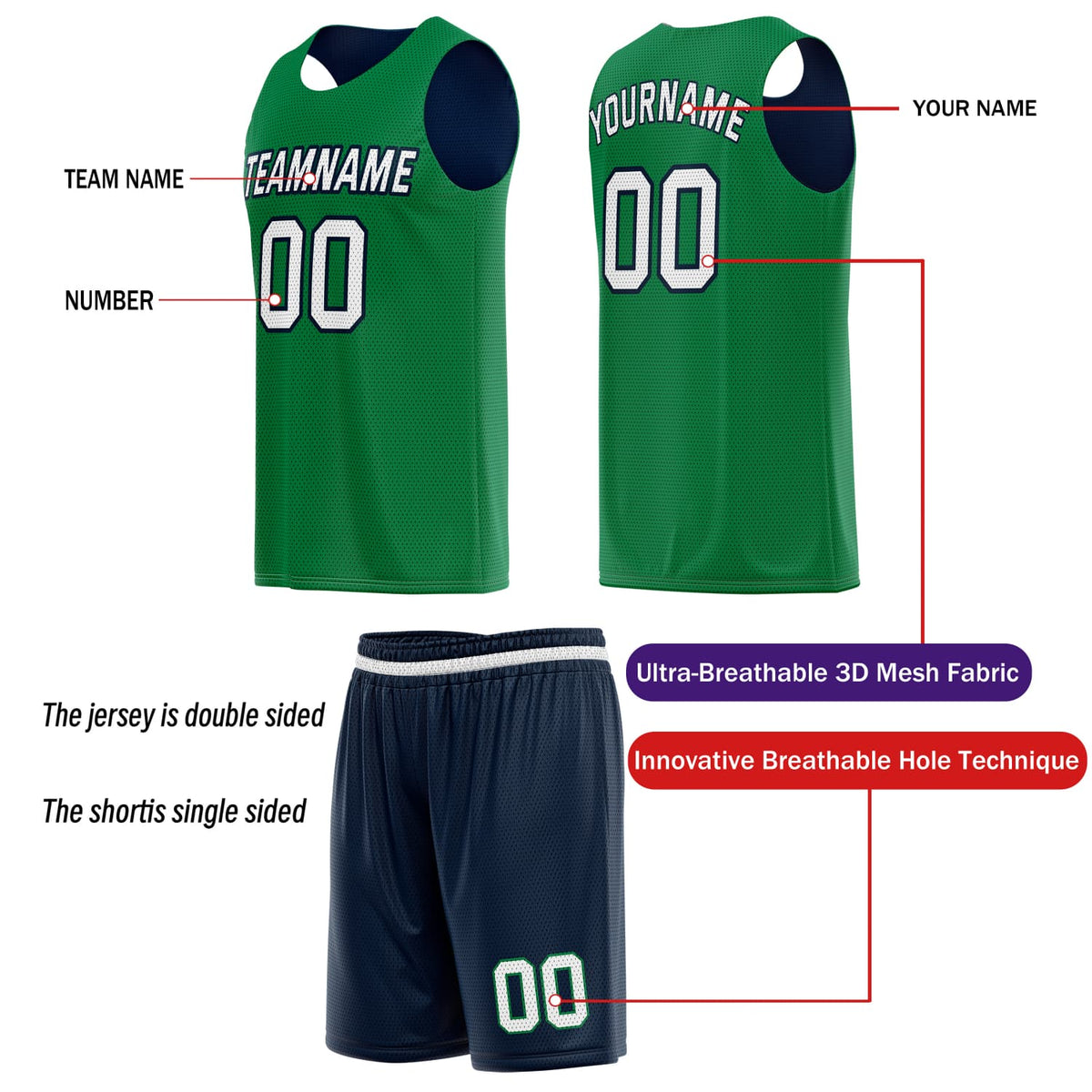 Custom Reversible Basketball Jersey & Shorts Set for Individuals & Teams – Navy Green White | Vosoli