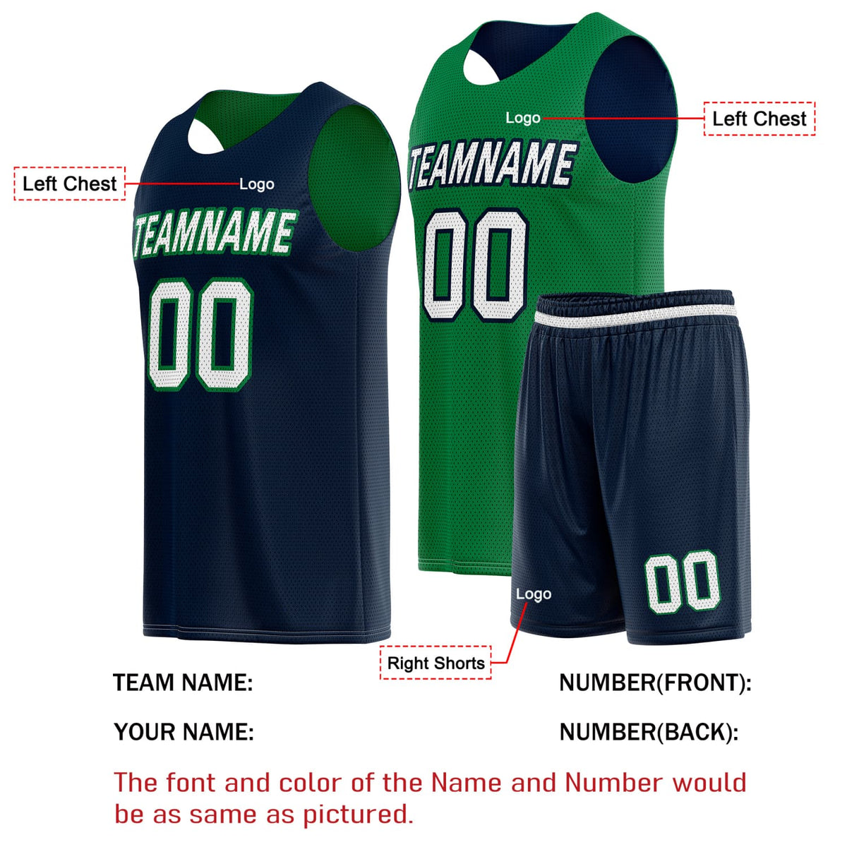 Custom Reversible Basketball Jersey & Shorts Set for Individuals & Teams – Navy Green White | Vosoli