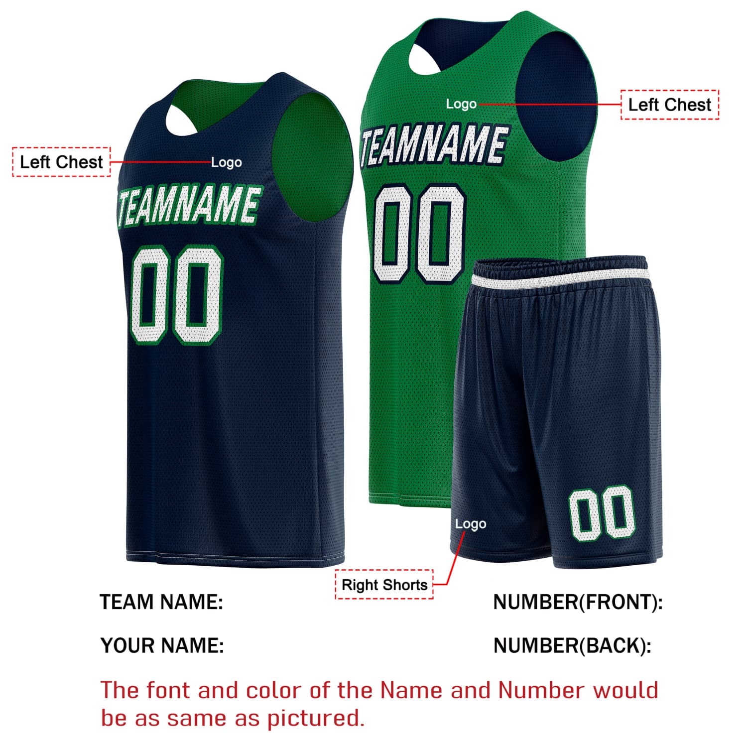Custom Reversible Basketball Jersey & Shorts Set for Individuals & Teams – Navy Green White | Vosoli