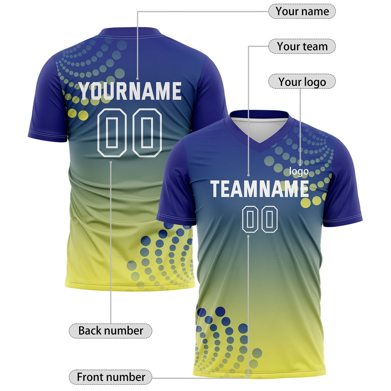 Custom Navy & Yellow Dot Pattern Ombre Soccer Jersey for Teams & Individuals | Vosoli
