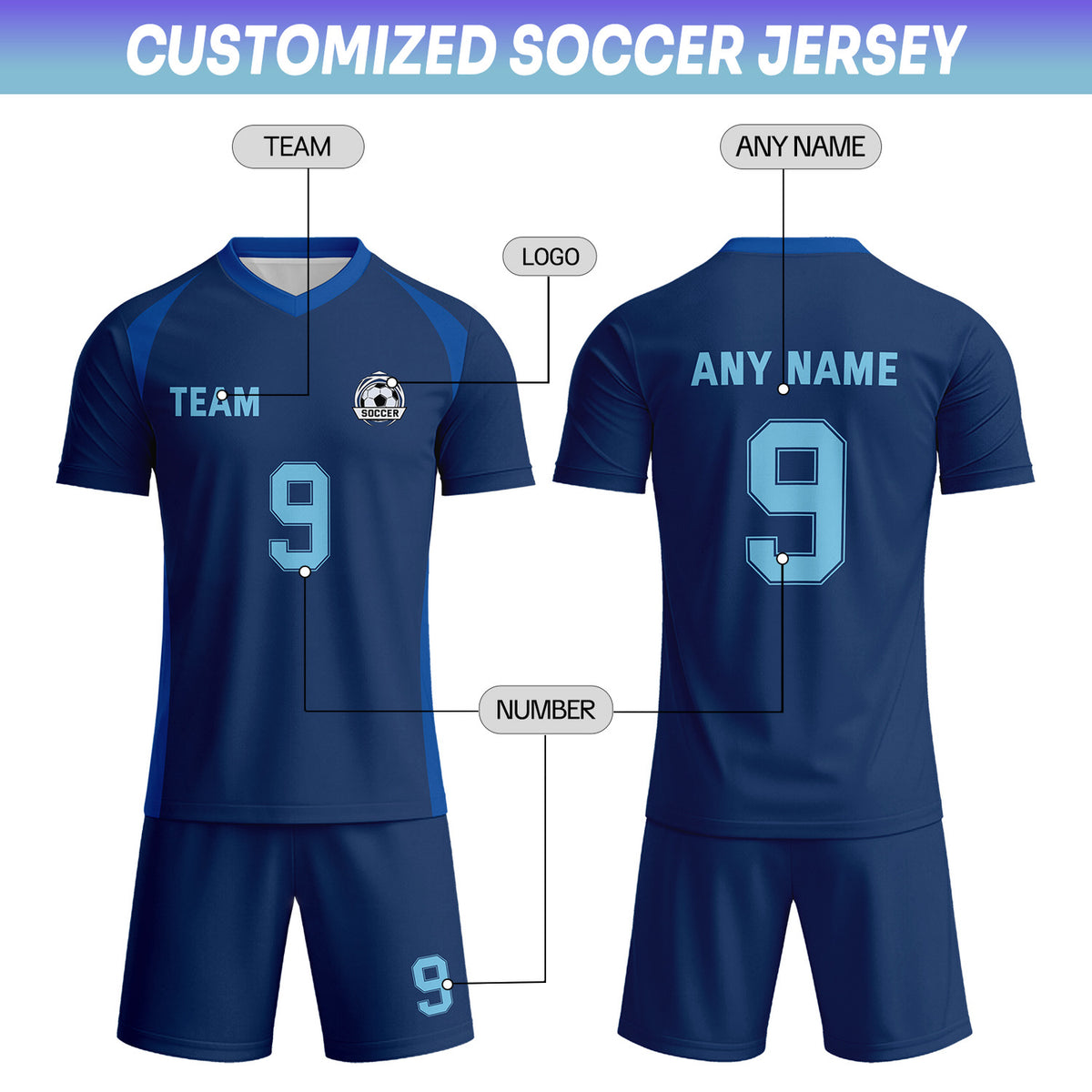 Custom Navy & Light Blue Soccer Uniform Set - Personalized Team Name & Number | Vosoli