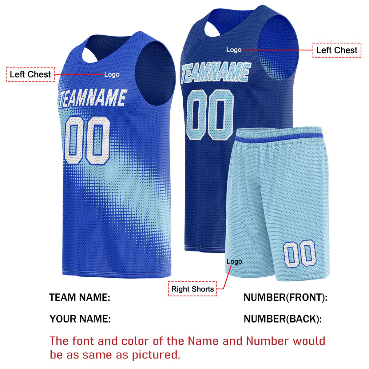 Custom Reversible Basketball Jersey & Shorts Set for Individuals & Teams – Navy Light Blue White Dot Gradient | Vosoli