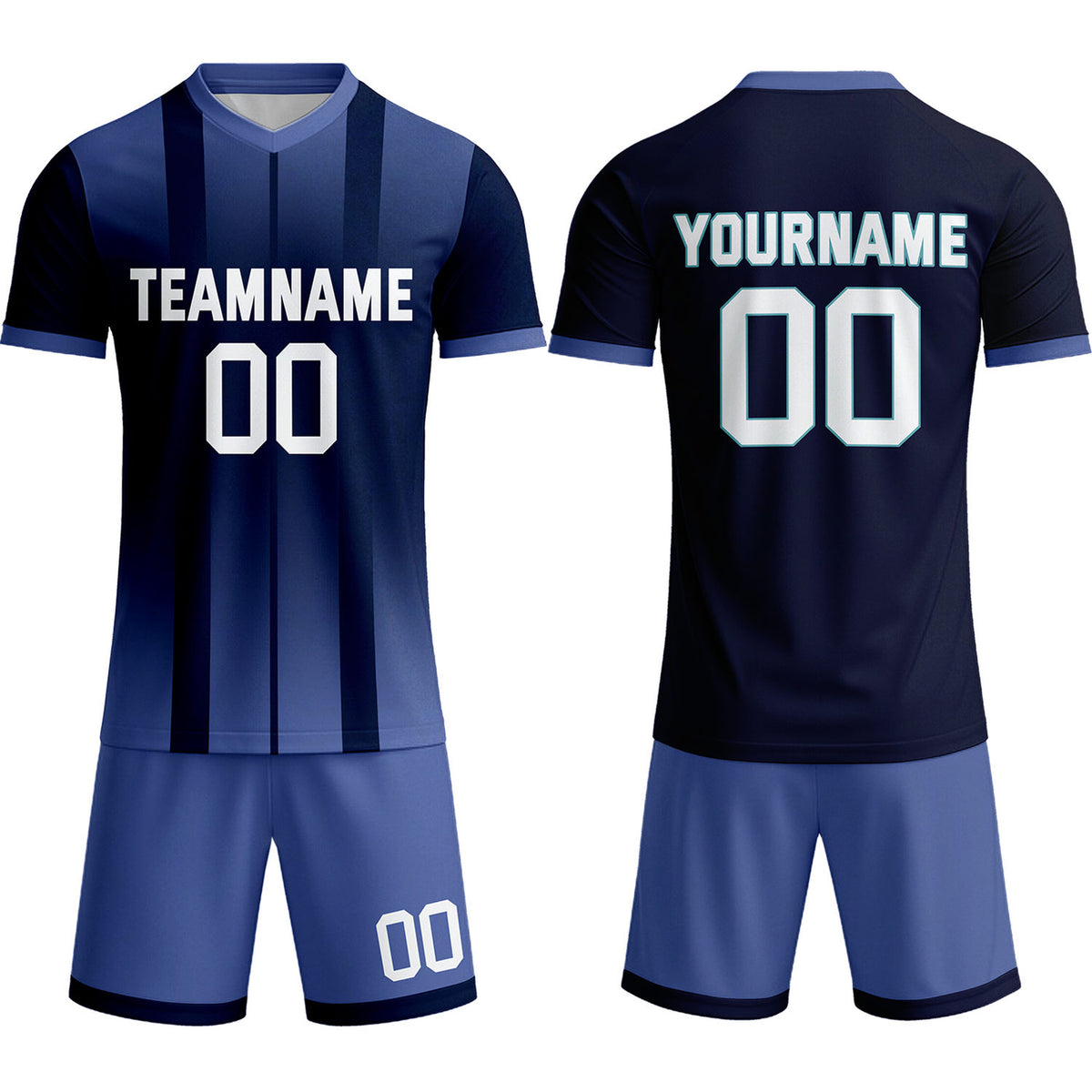 Custom Navy &amp; Midnight Blue Stripe Gradient Soccer Uniform Set for Teams &amp; Individuals | Vosoli