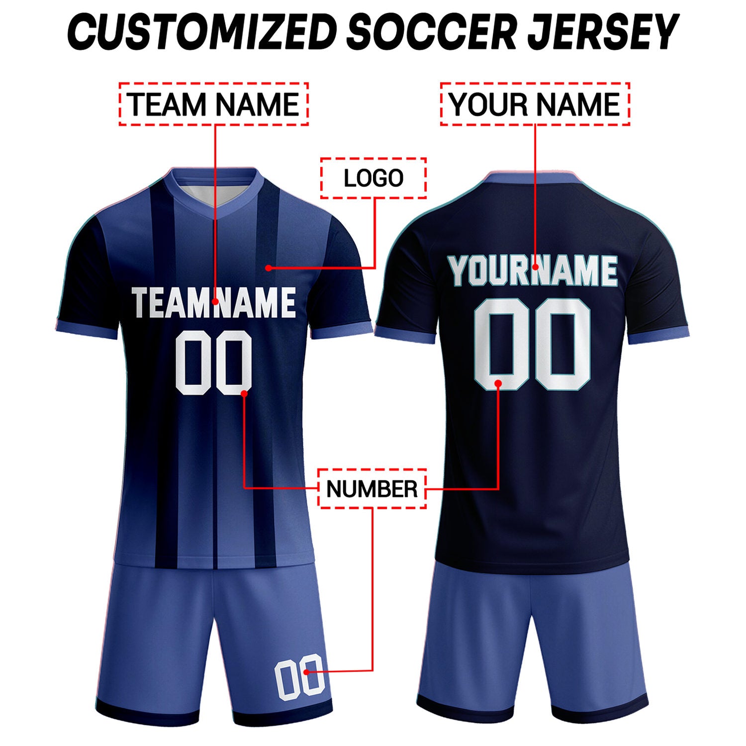 Custom Navy & Midnight Blue Stripe Gradient Soccer Uniform Set for Teams & Individuals | Vosoli