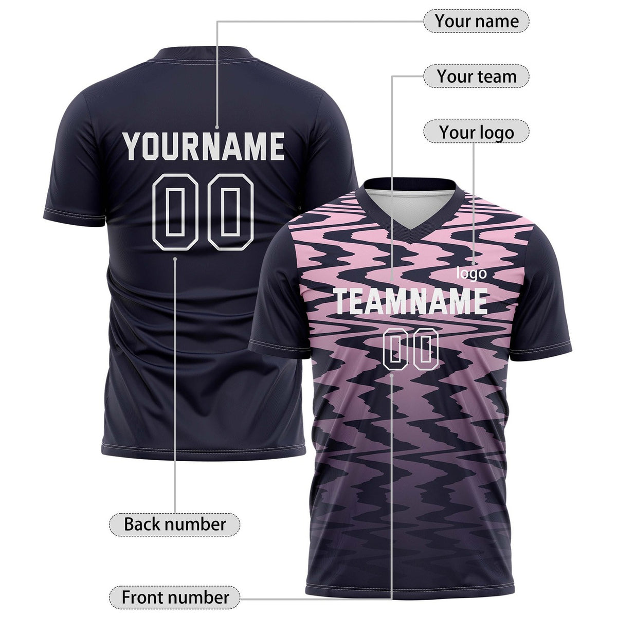 Custom Navy & Pink Wave Pattern Soccer Jersey for Teams & Individuals | Vosoli