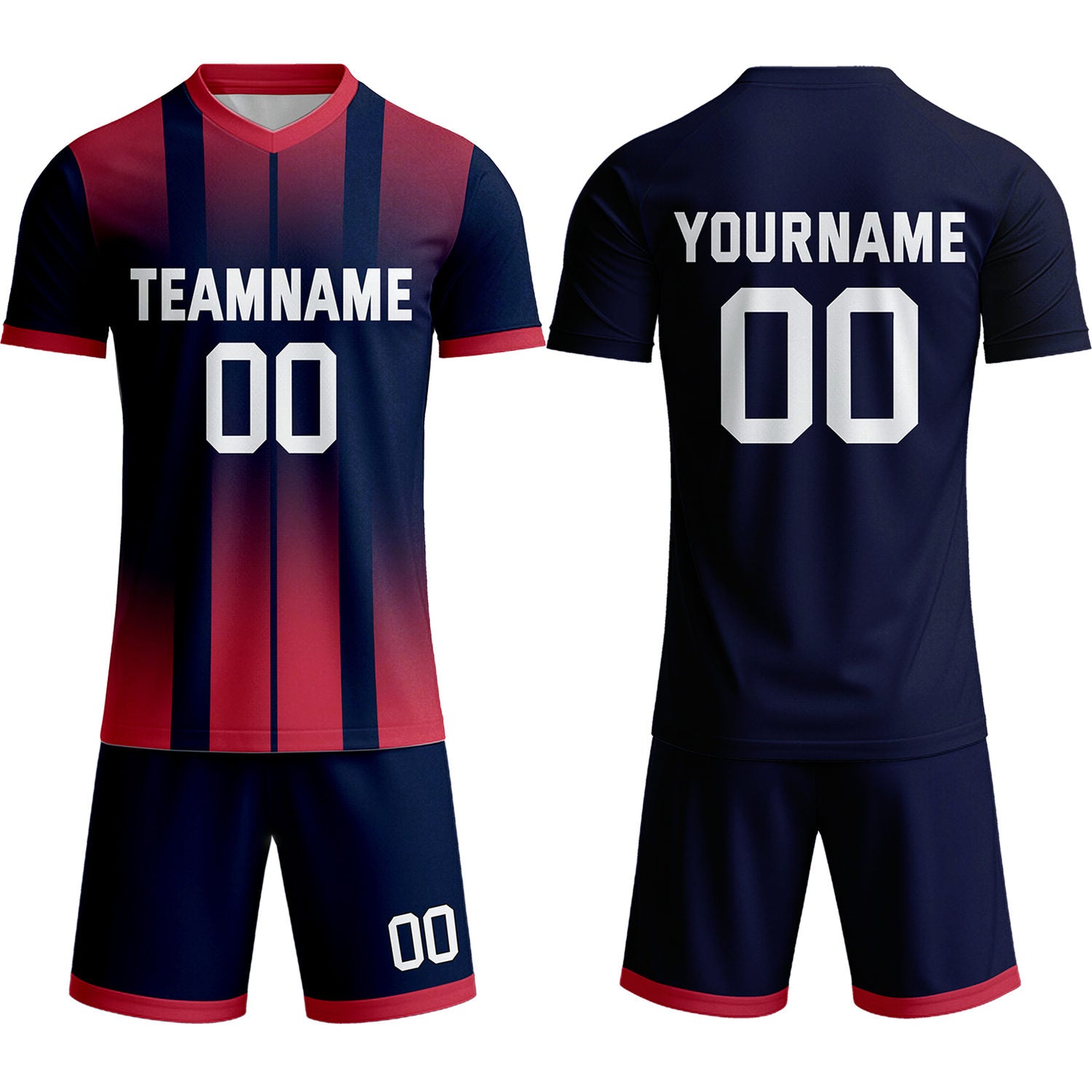 Custom Navy & Red Stripe Gradient Soccer Uniform Set for Teams & Individuals | Vosoli