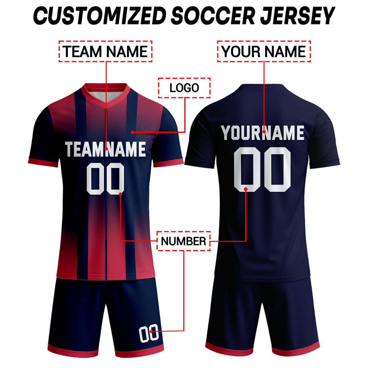 Custom Navy & Red Stripe Gradient Soccer Uniform Set for Teams & Individuals | Vosoli