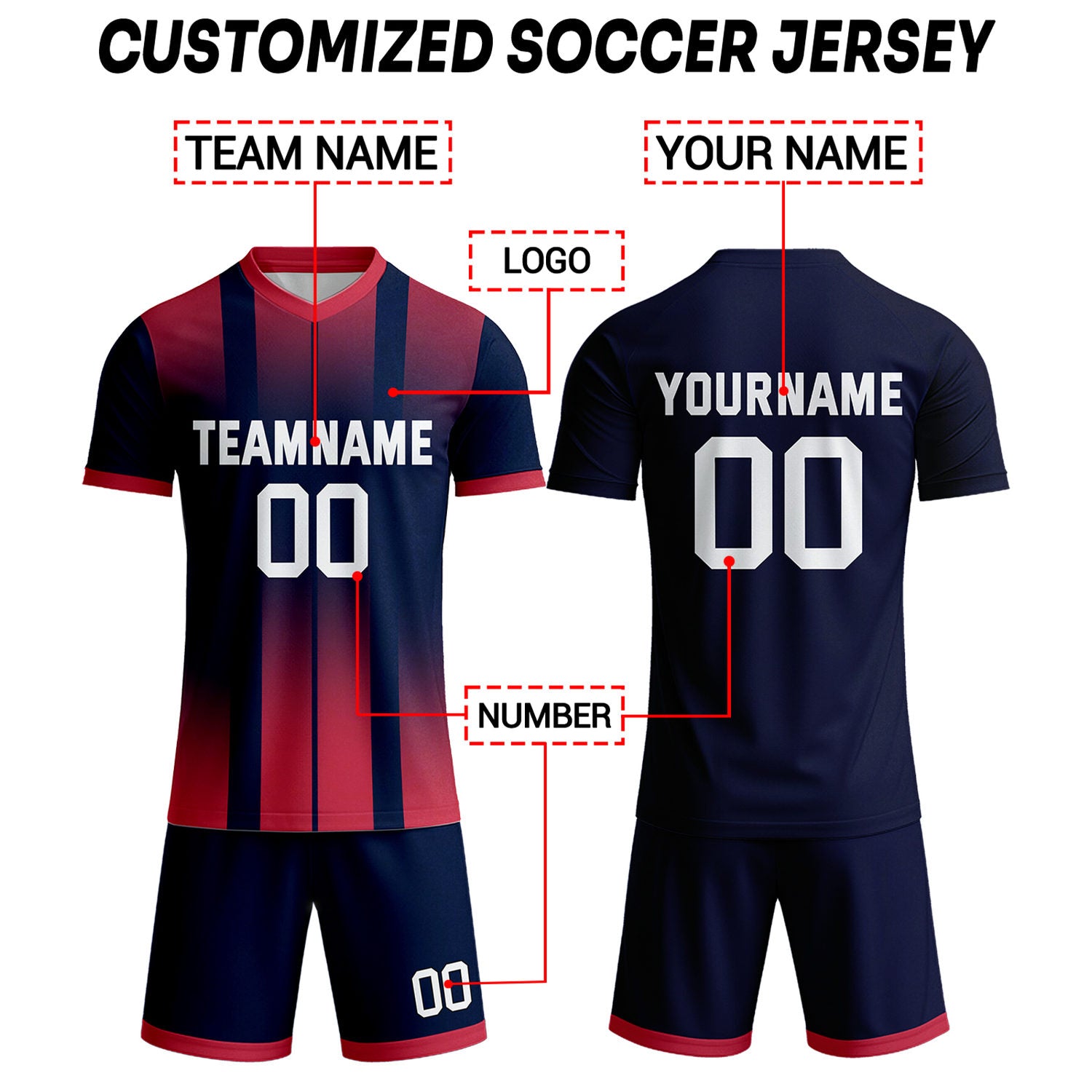 Custom Navy & Red Stripe Gradient Soccer Uniform Set for Teams & Individuals | Vosoli