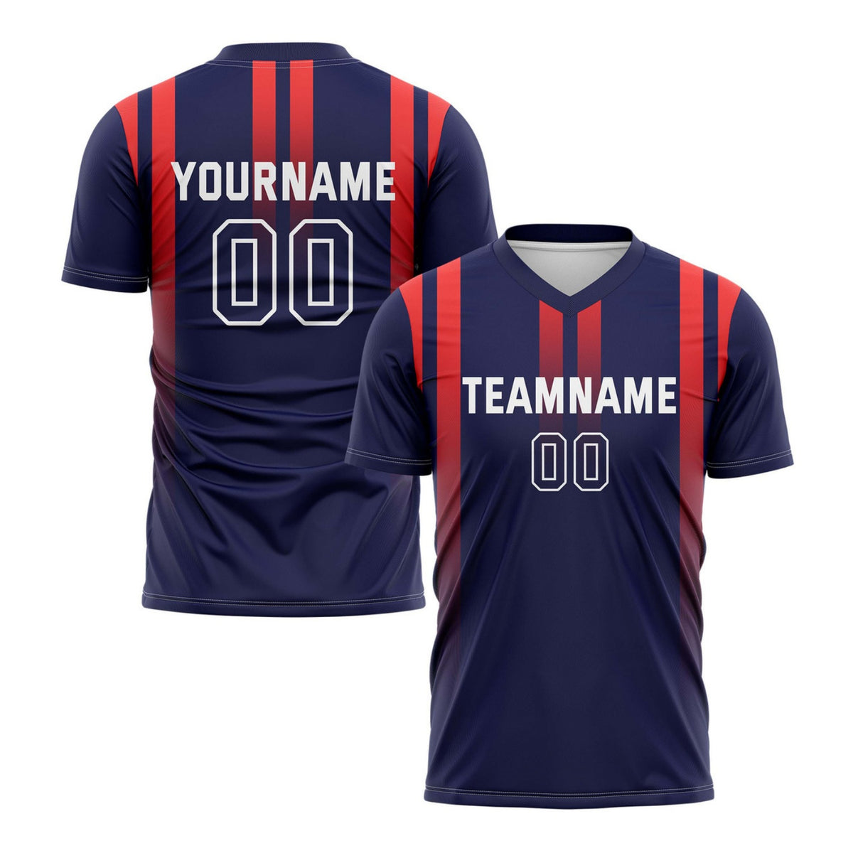 Custom Navy &amp; Red Vertical Stripe Soccer Jerseys for Teams &amp; Individuals | Vosoli