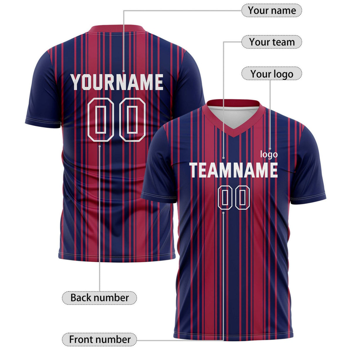 Custom Navy & Red Vertical Stripe Soccer Jersey for Teams & Individuals | Vosoli