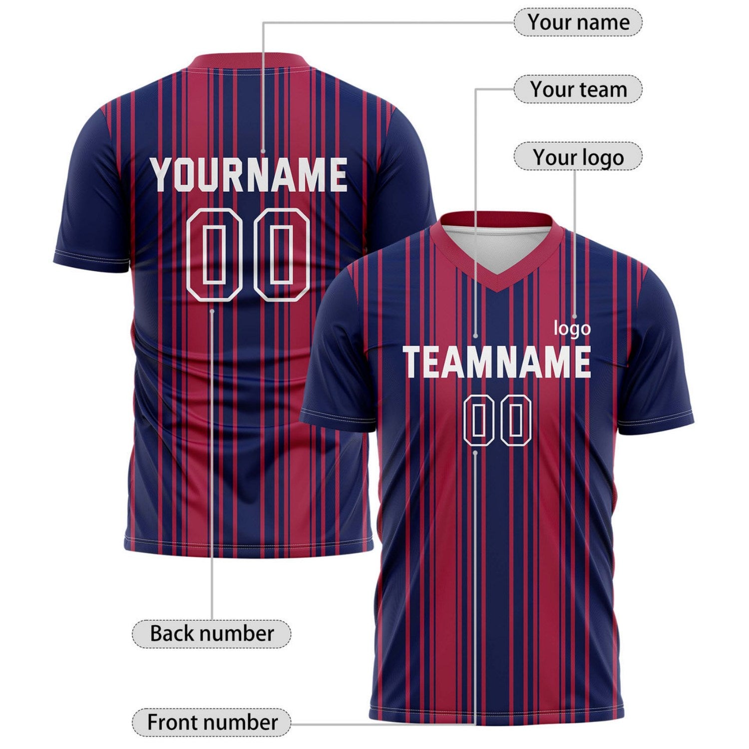 Custom Navy & Red Vertical Stripe Soccer Jersey for Teams & Individuals | Vosoli