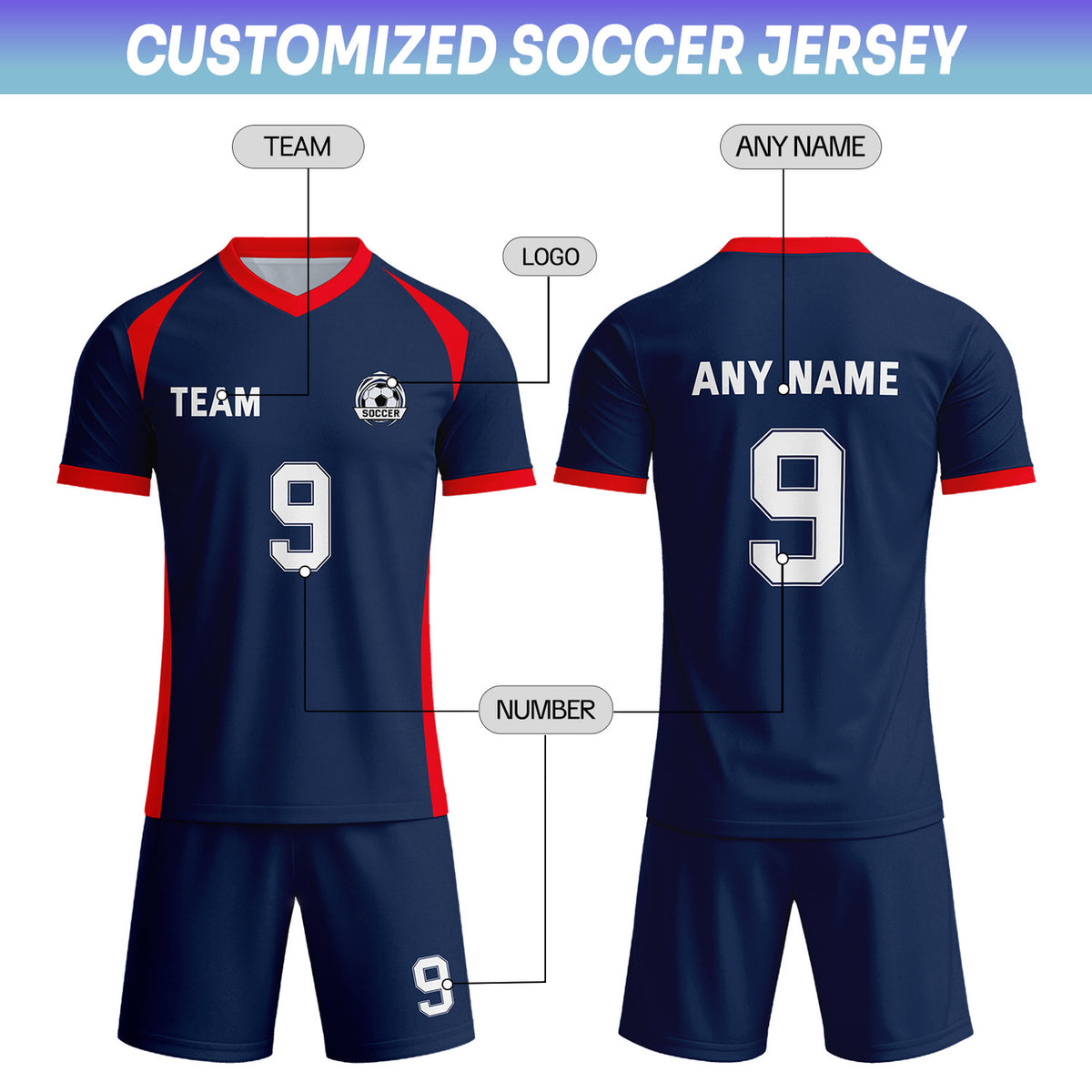 Custom Navy & Red-White Soccer Uniform Set - Personalized Team Name & Number | Vosoli