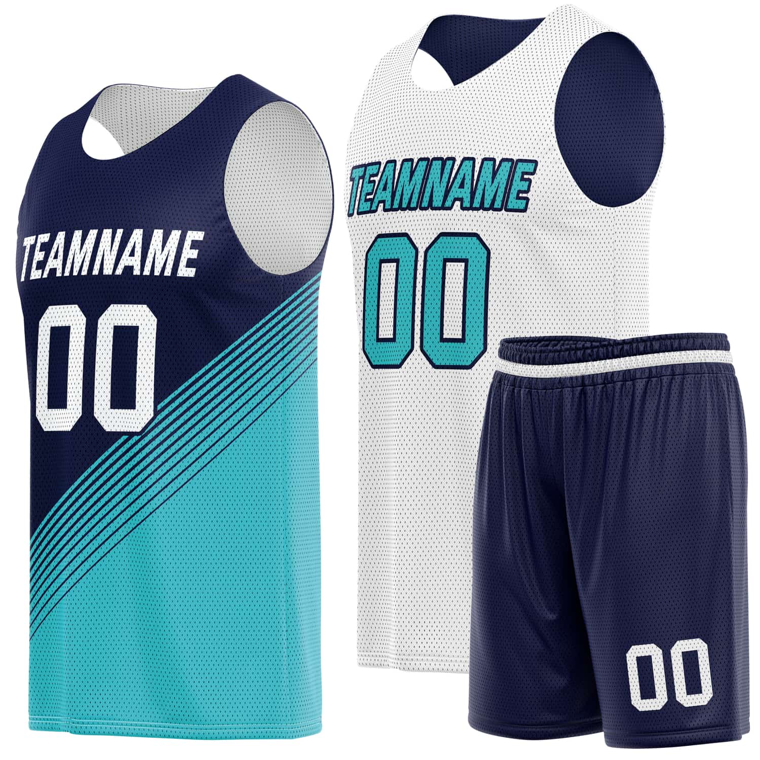 Custom Reversible Basketball Jersey & Shorts Set for Individuals & Teams – Navy Teal White Diagonal Stripe | Vosoli