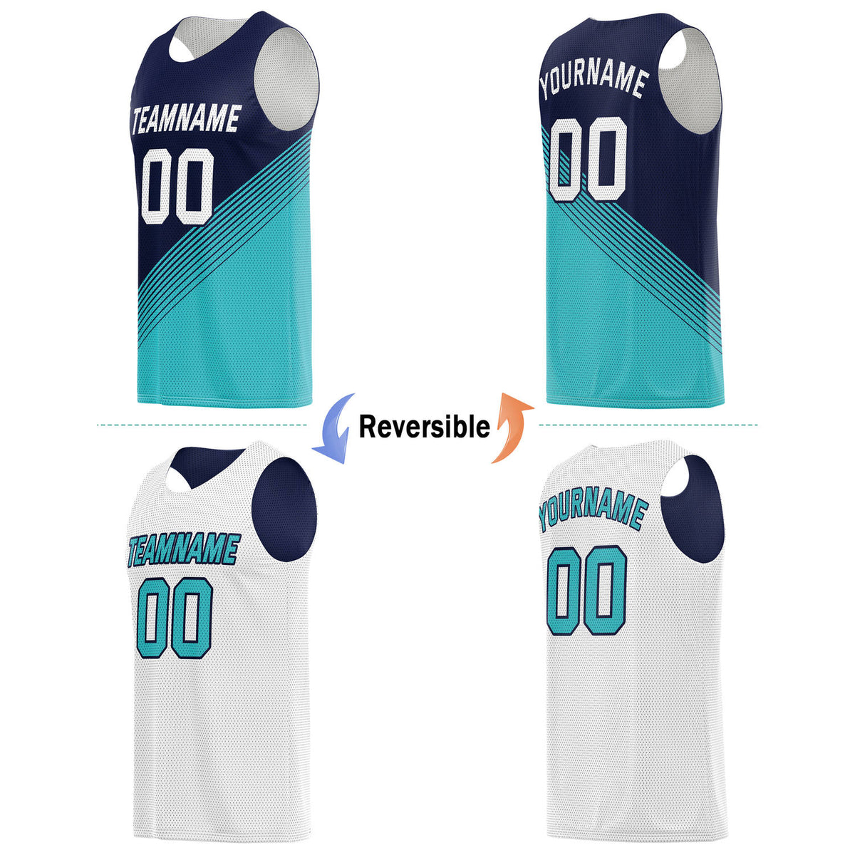 Custom Reversible Basketball Jersey & Shorts Set for Individuals & Teams – Navy Teal White Diagonal Stripe | Vosoli