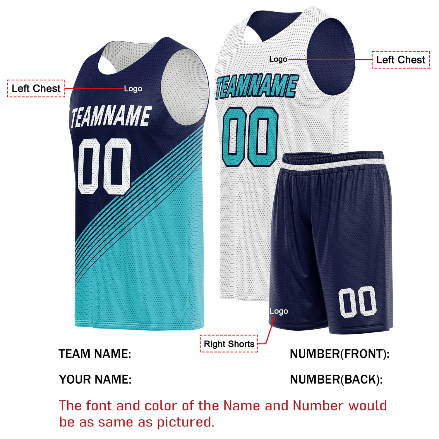 Custom Reversible Basketball Jersey & Shorts Set for Individuals & Teams – Navy Teal White Diagonal Stripe | Vosoli
