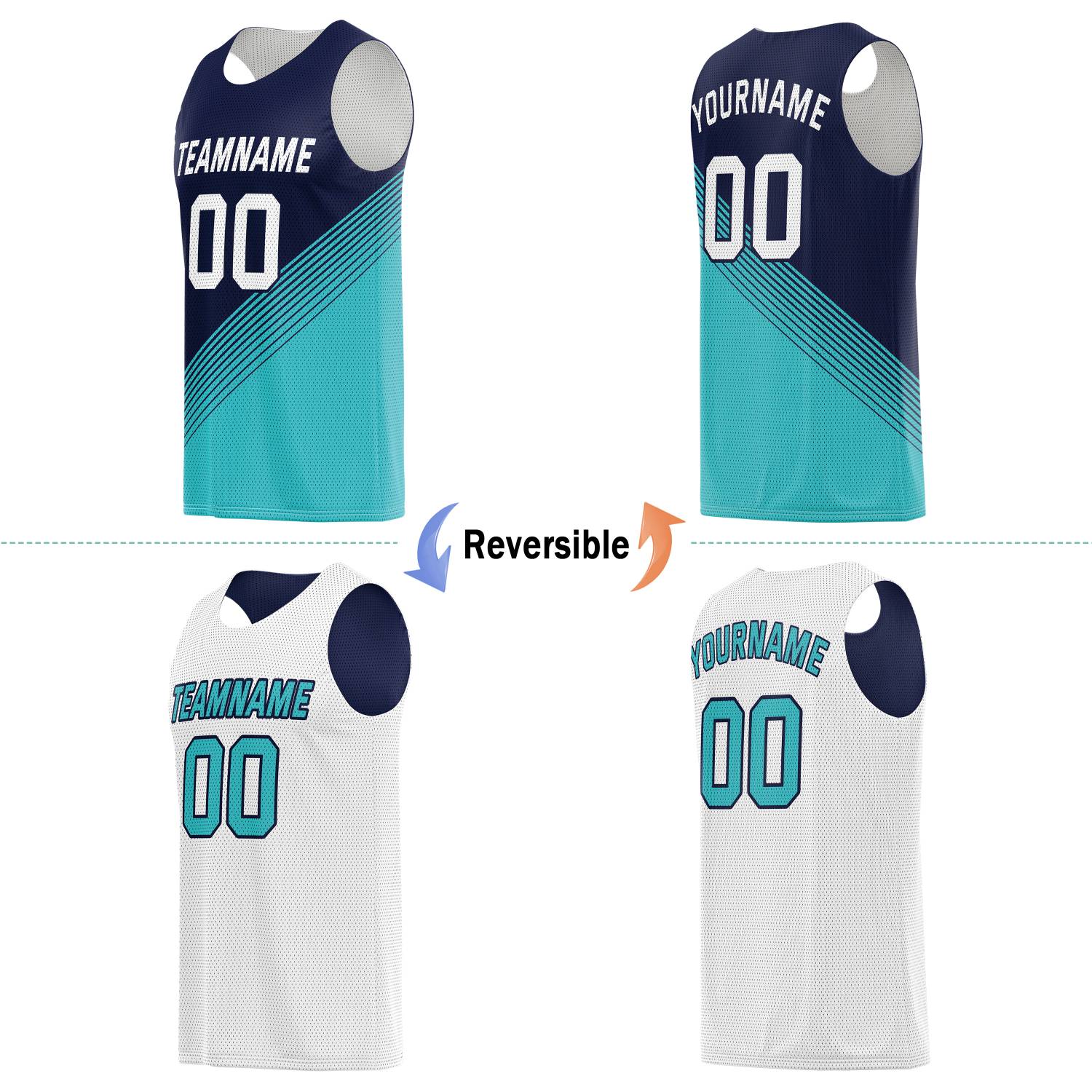 Custom Reversible Basketball Jersey for Individuals & Teams – Navy Teal White Diagonal Stripe | Vosoli