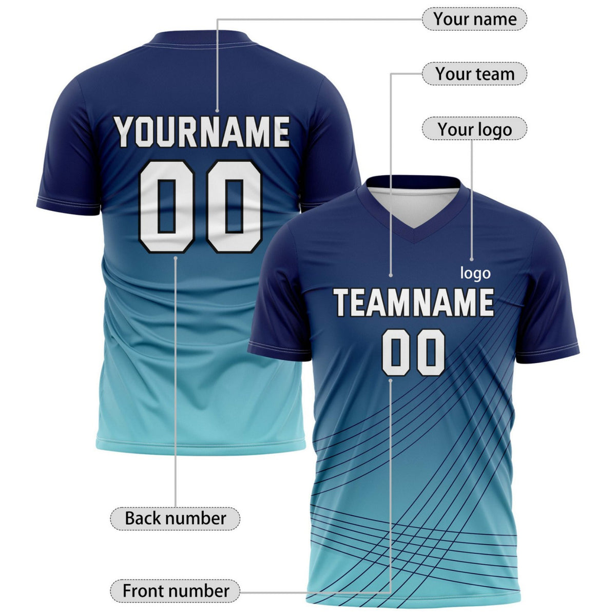 Custom Navy-to-Teal Gradient Soccer Jersey - Personalized Team Name & Player Number for Matches | Vosoli