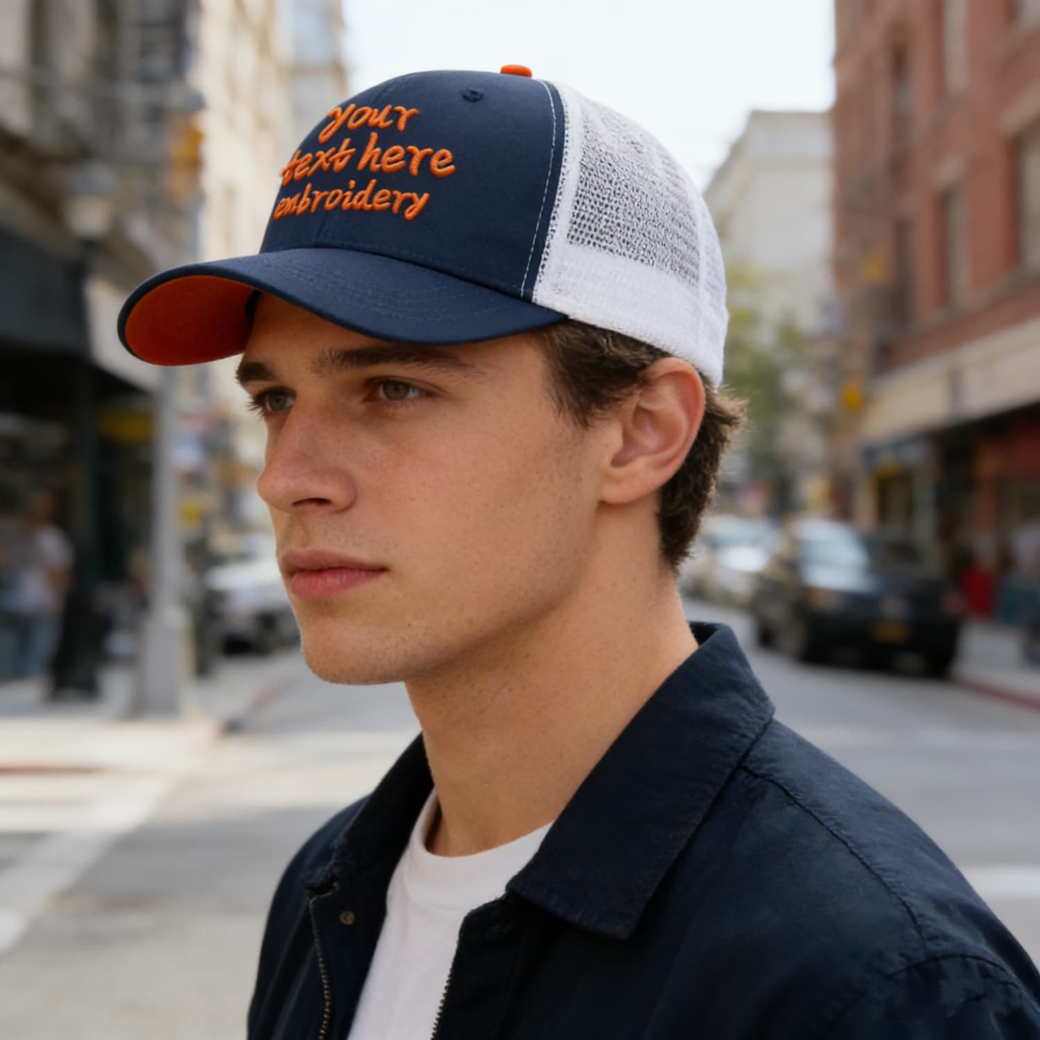 Vosoli Navy & White Mesh-Back Trucker Cap - Unisex Personal & Team Custom 3D Embroidery or Print Hat