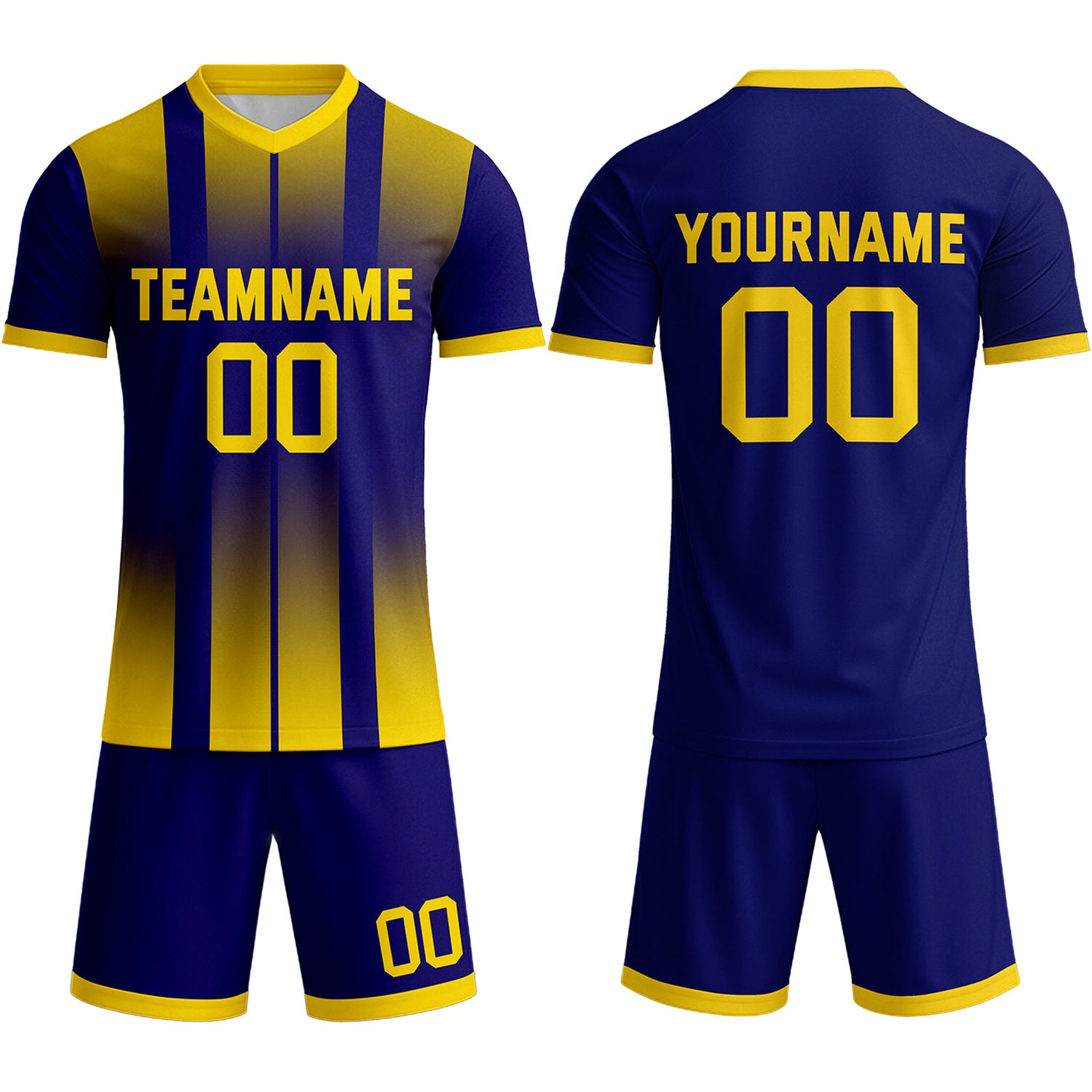 Custom Navy & Yellow Stripe Gradient Soccer Uniform Set for Teams & Individuals | Vosoli