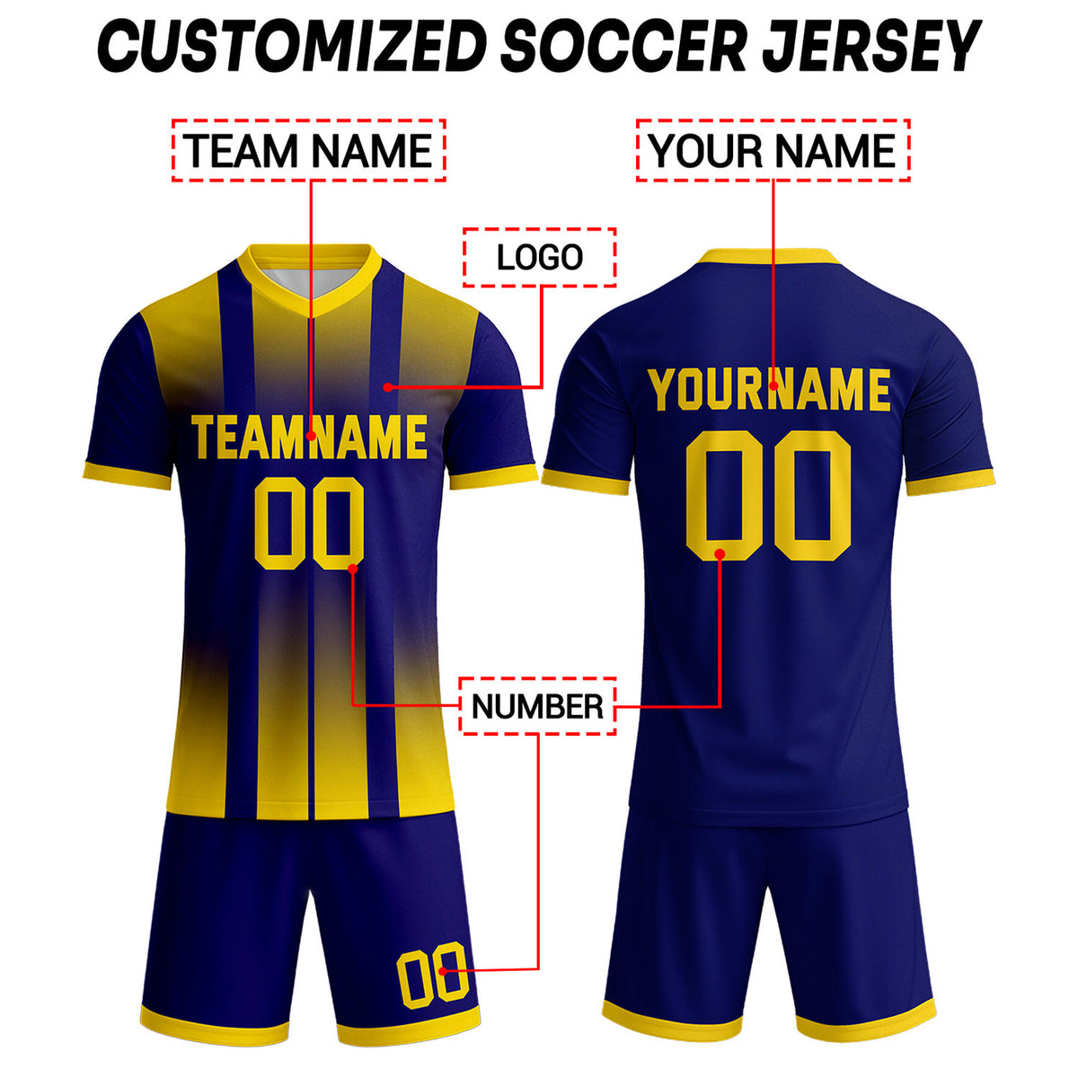 Custom Navy & Yellow Stripe Gradient Soccer Uniform Set for Teams & Individuals | Vosoli