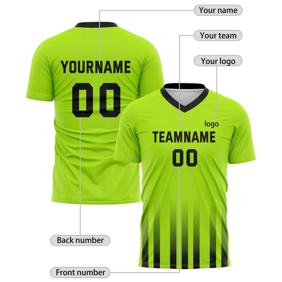 Custom Neon Green & Black Stripe Soccer Jersey for Teams & Individuals | Vosoli