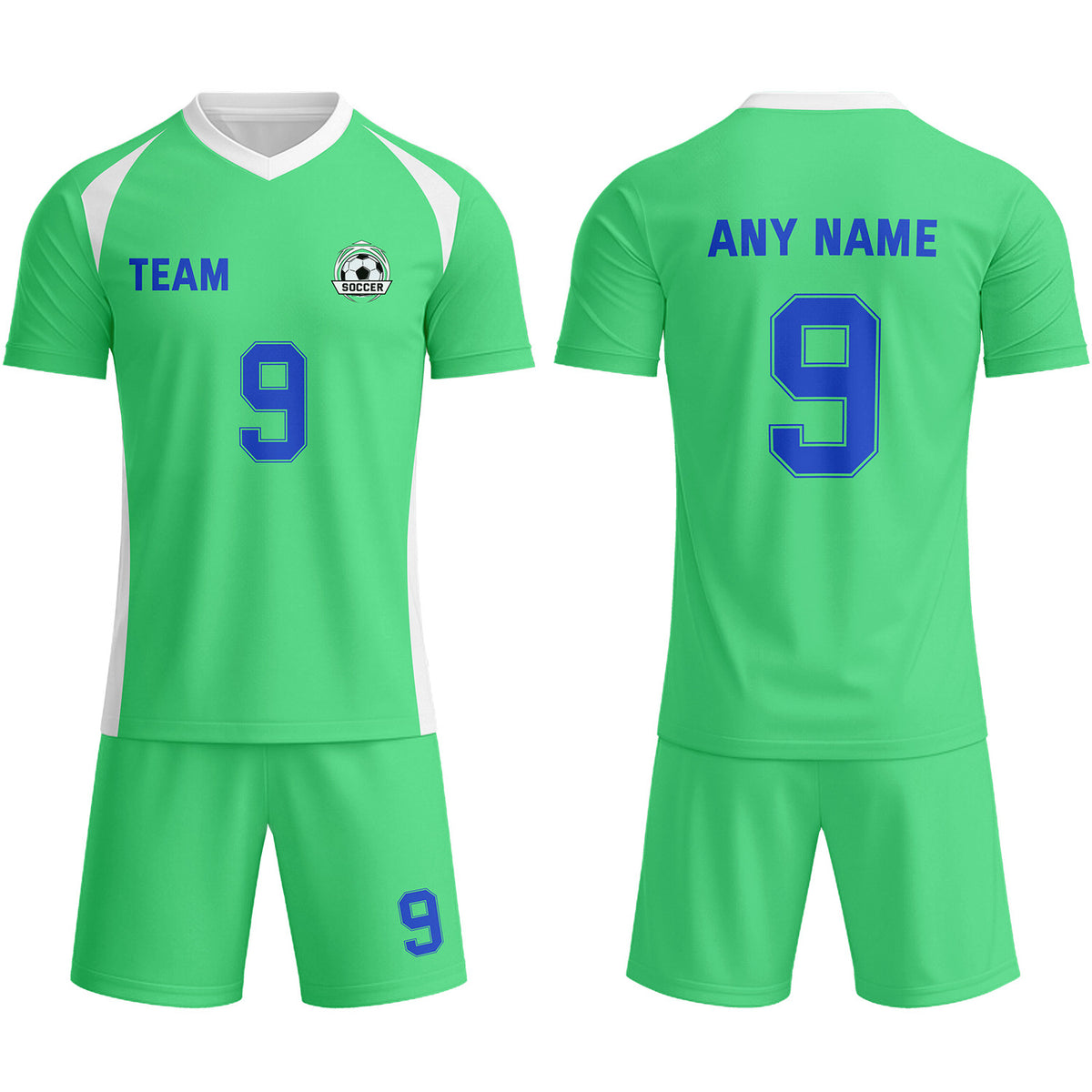 Custom Neon Green &amp; White-Blue Soccer Uniform Set - Personalized Team Name &amp; Number | Vosoli