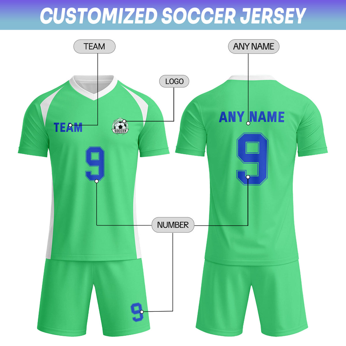 Custom Neon Green & White-Blue Soccer Uniform Set - Personalized Team Name & Number | Vosoli
