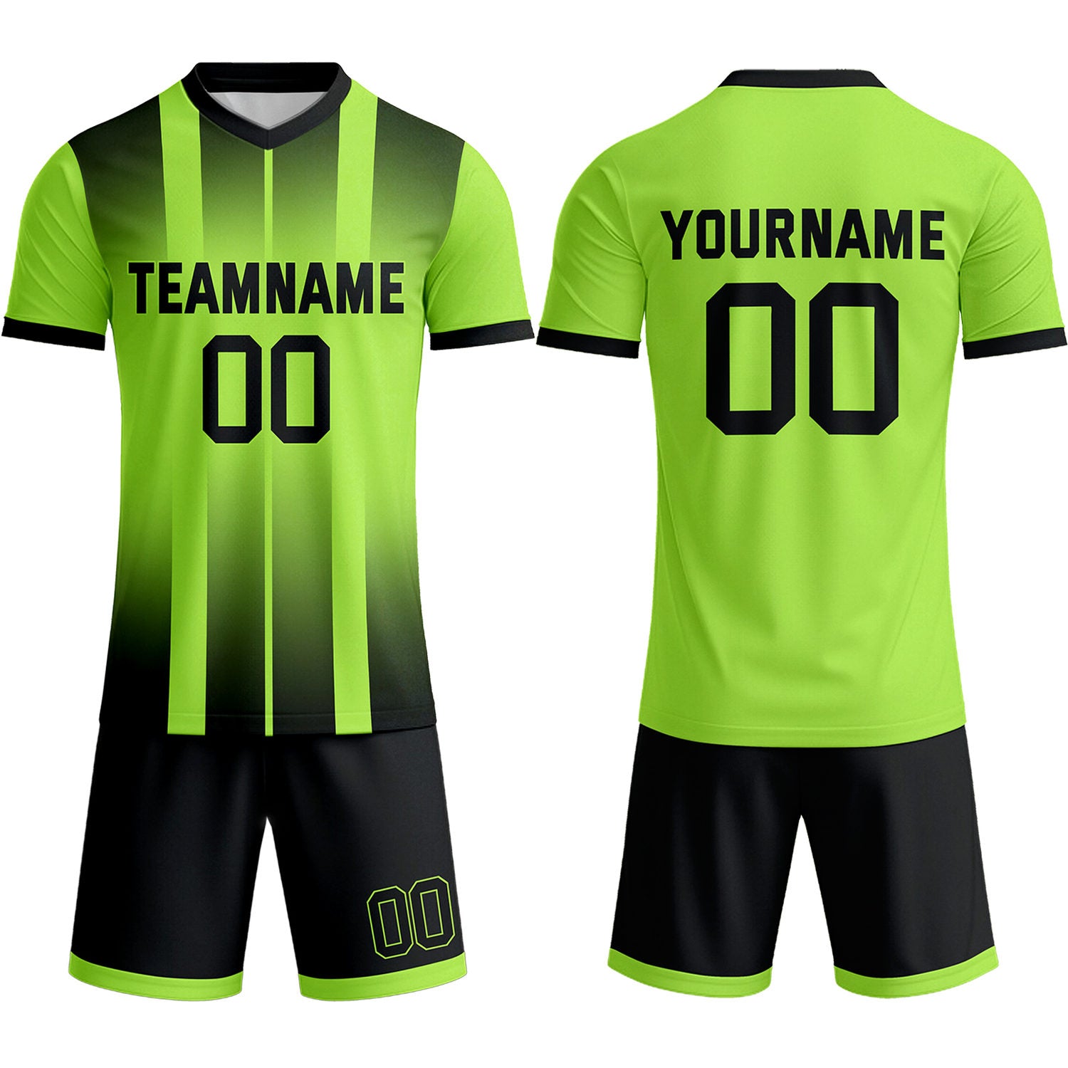 Custom Neon Lime Green & Black Stripe Gradient Soccer Uniform Set for Teams & Individuals | Vosoli