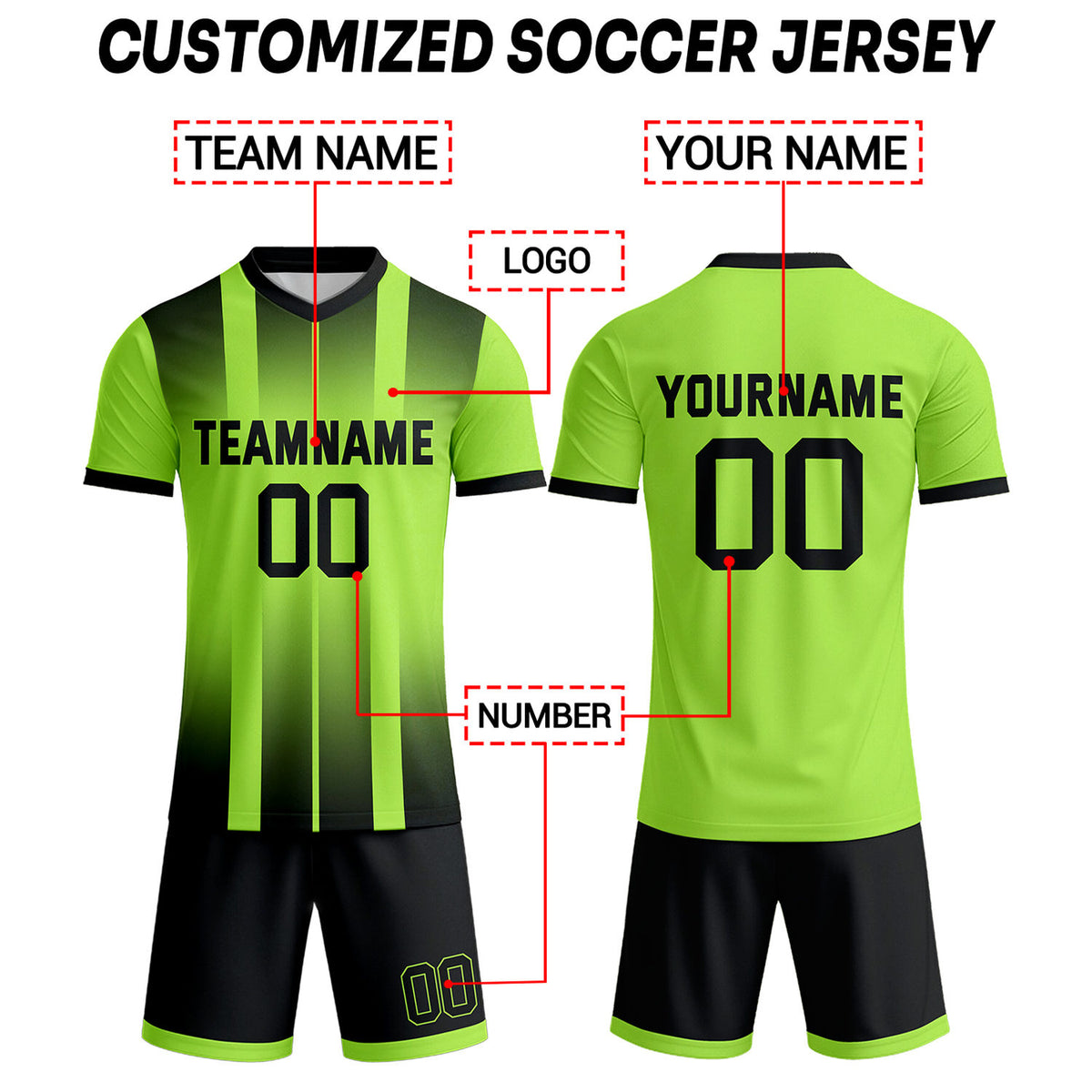Custom Neon Lime Green & Black Stripe Gradient Soccer Uniform Set for Teams & Individuals | Vosoli