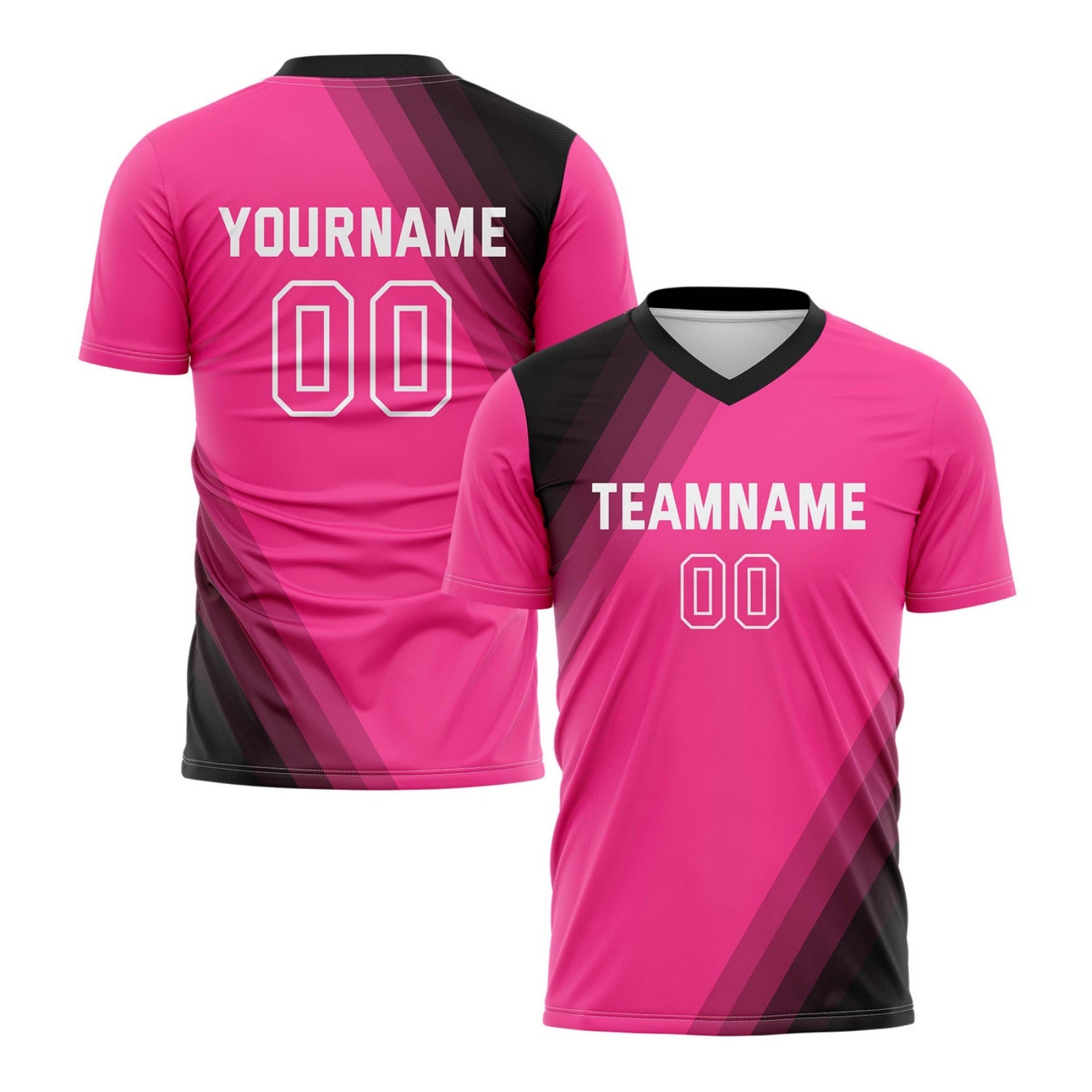 Custom Neon Pink & Black Diagonal Stripe Soccer Jersey for Teams & Individuals | Vosoli
