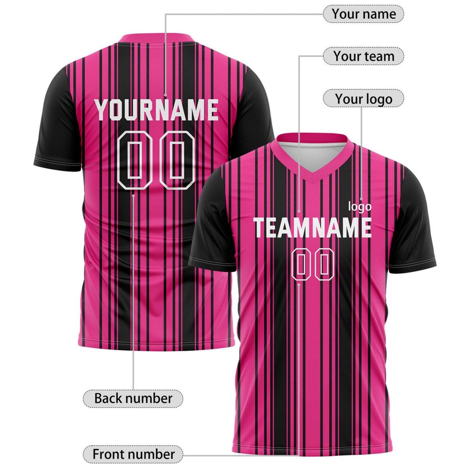 Custom Neon Pink & Black Vertical Stripe Soccer Jersey for Teams & Individuals | Vosoli