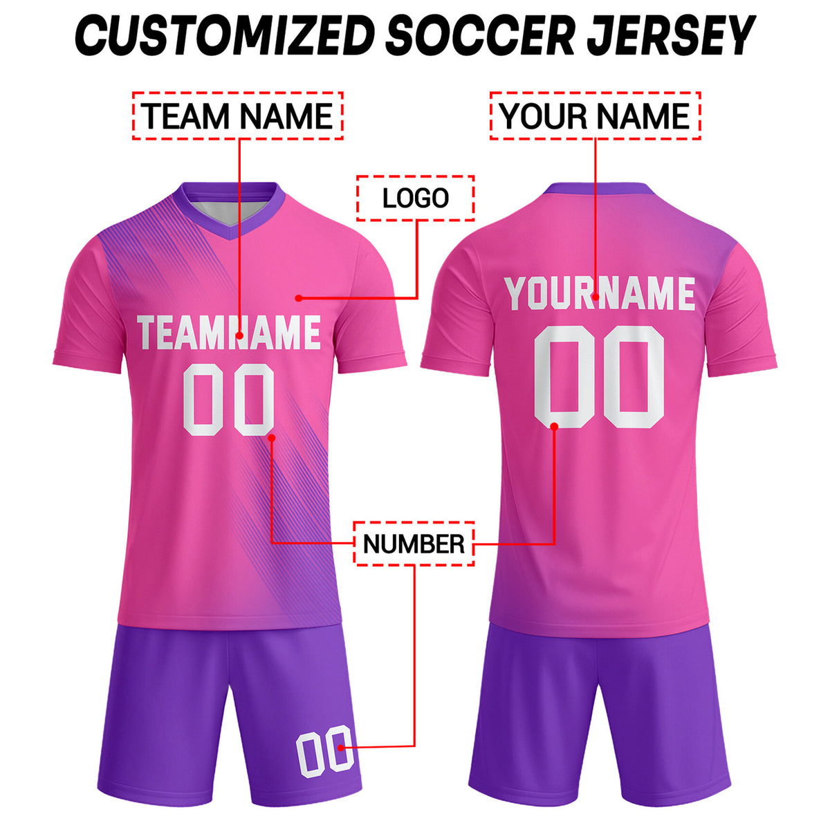 Custom Neon Pink & Purple Stripe Soccer Uniform Set for Teams & Individuals | Vosoli