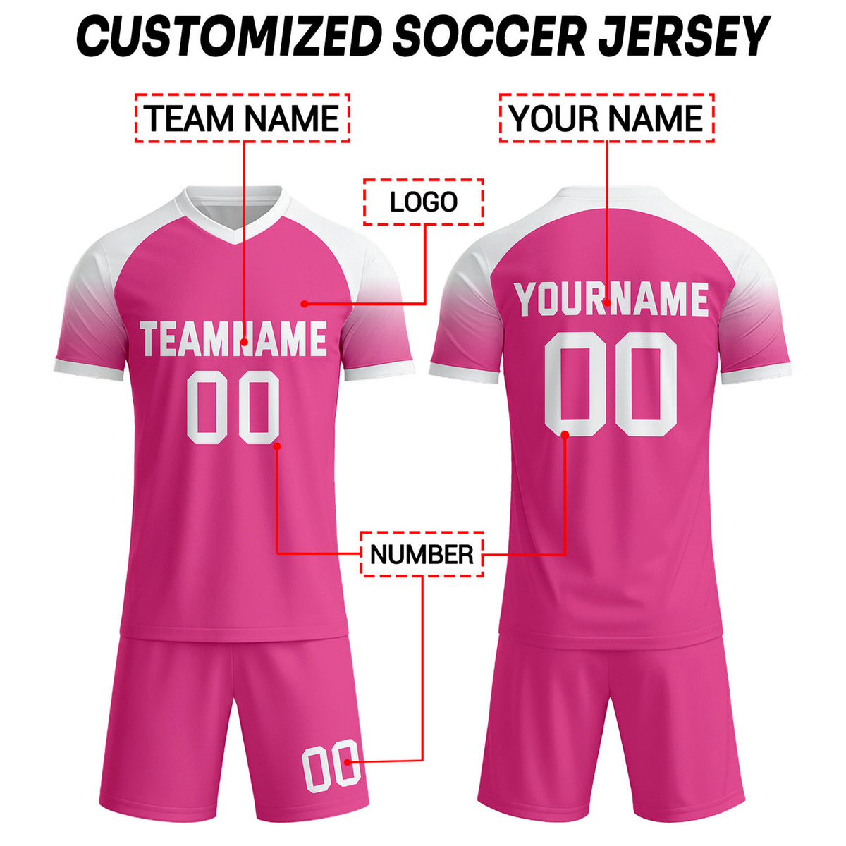 Custom Neon Pink & White Raglan Sleeve Soccer Uniform Set for Teams & Individuals | Vosoli