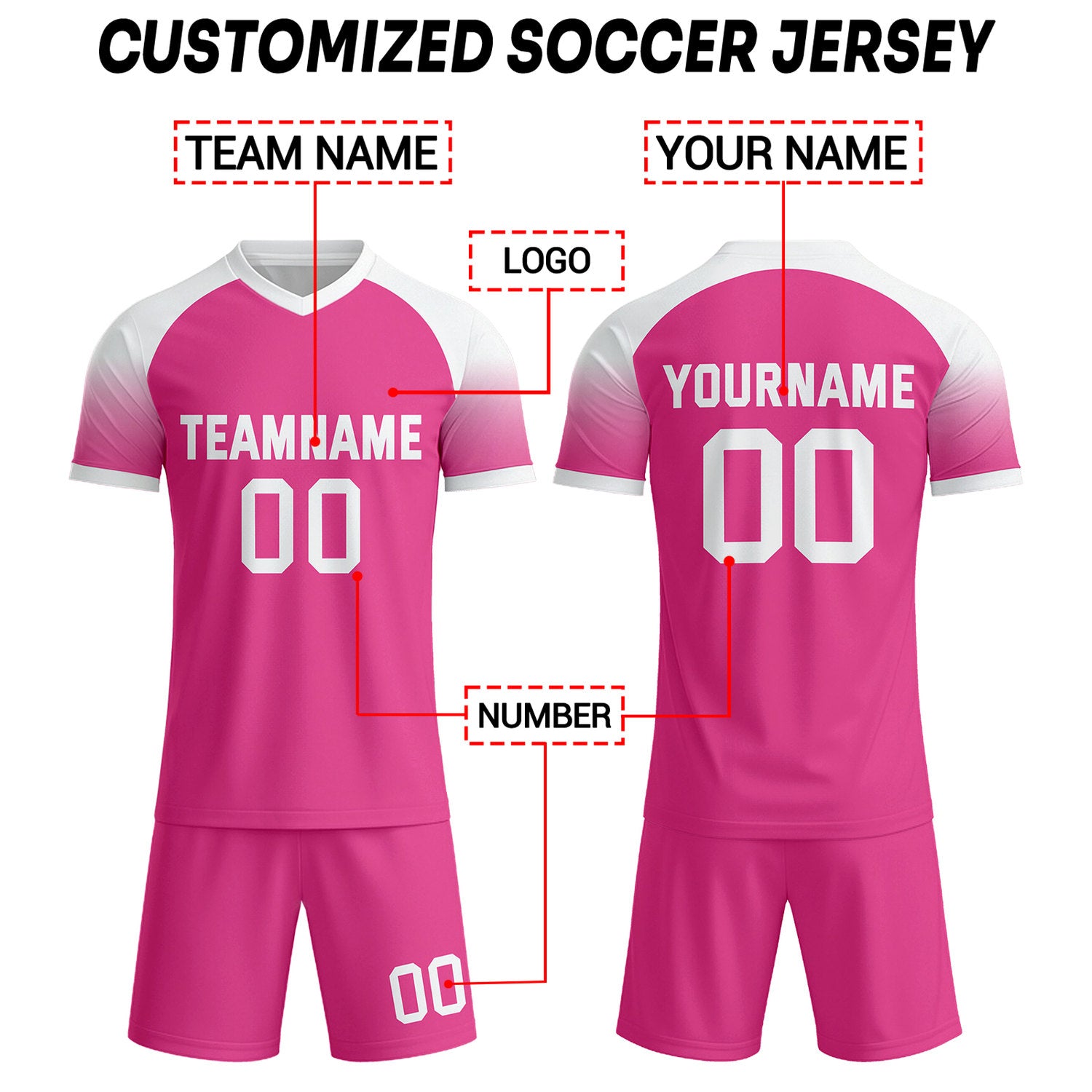 Custom Neon Pink & White Raglan Sleeve Soccer Uniform Set for Teams & Individuals | Vosoli
