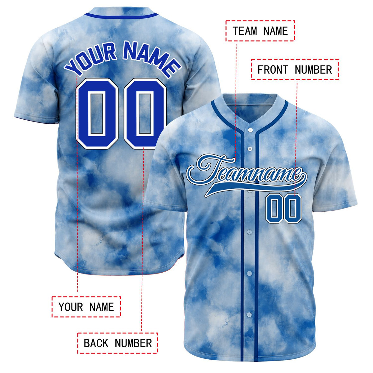 VOSOLI Cobalt Blue Tie-Dye Graffiti Custom Embroidery Baseball Jersey