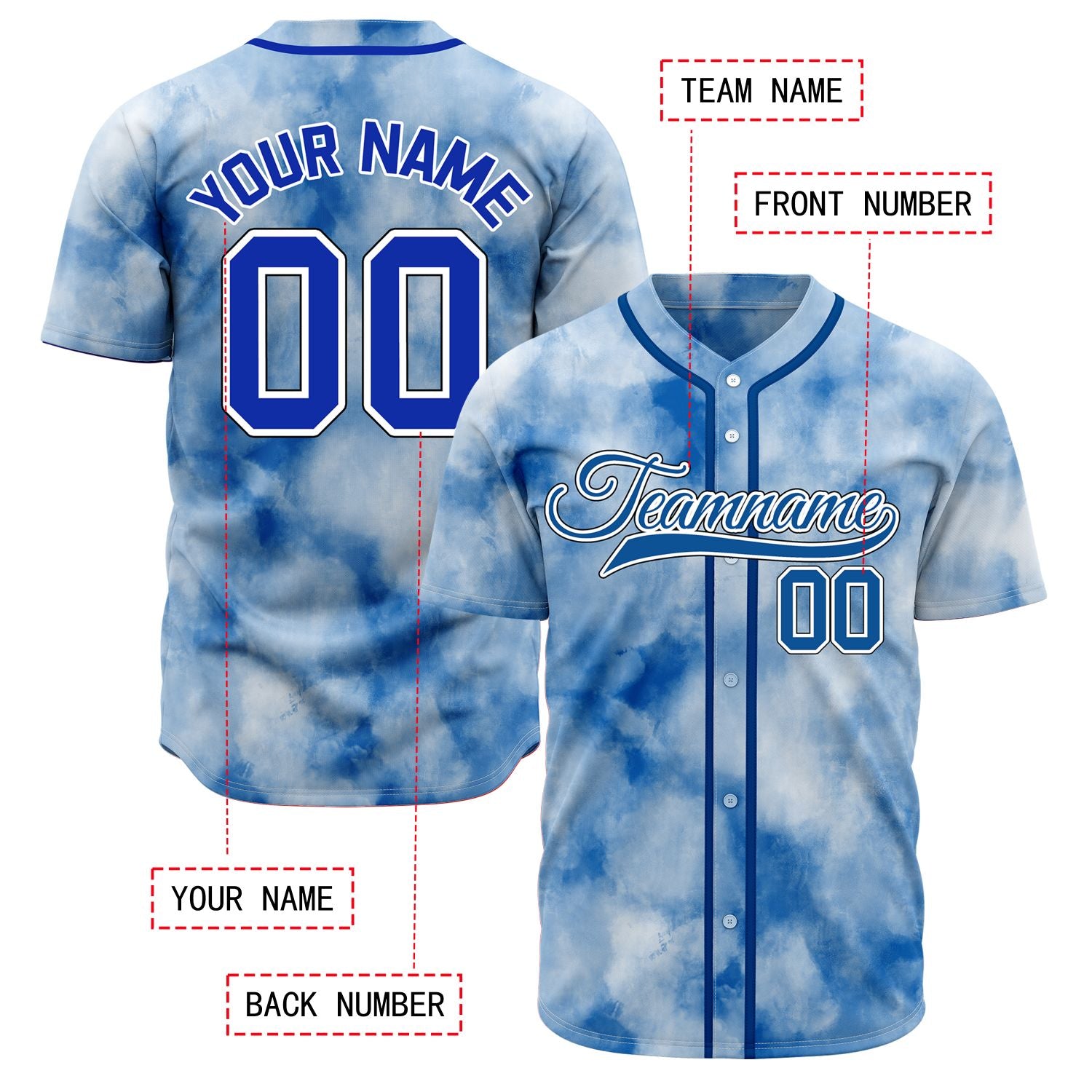 VOSOLI Cobalt Blue Tie-Dye Graffiti Custom Embroidery Baseball Jersey