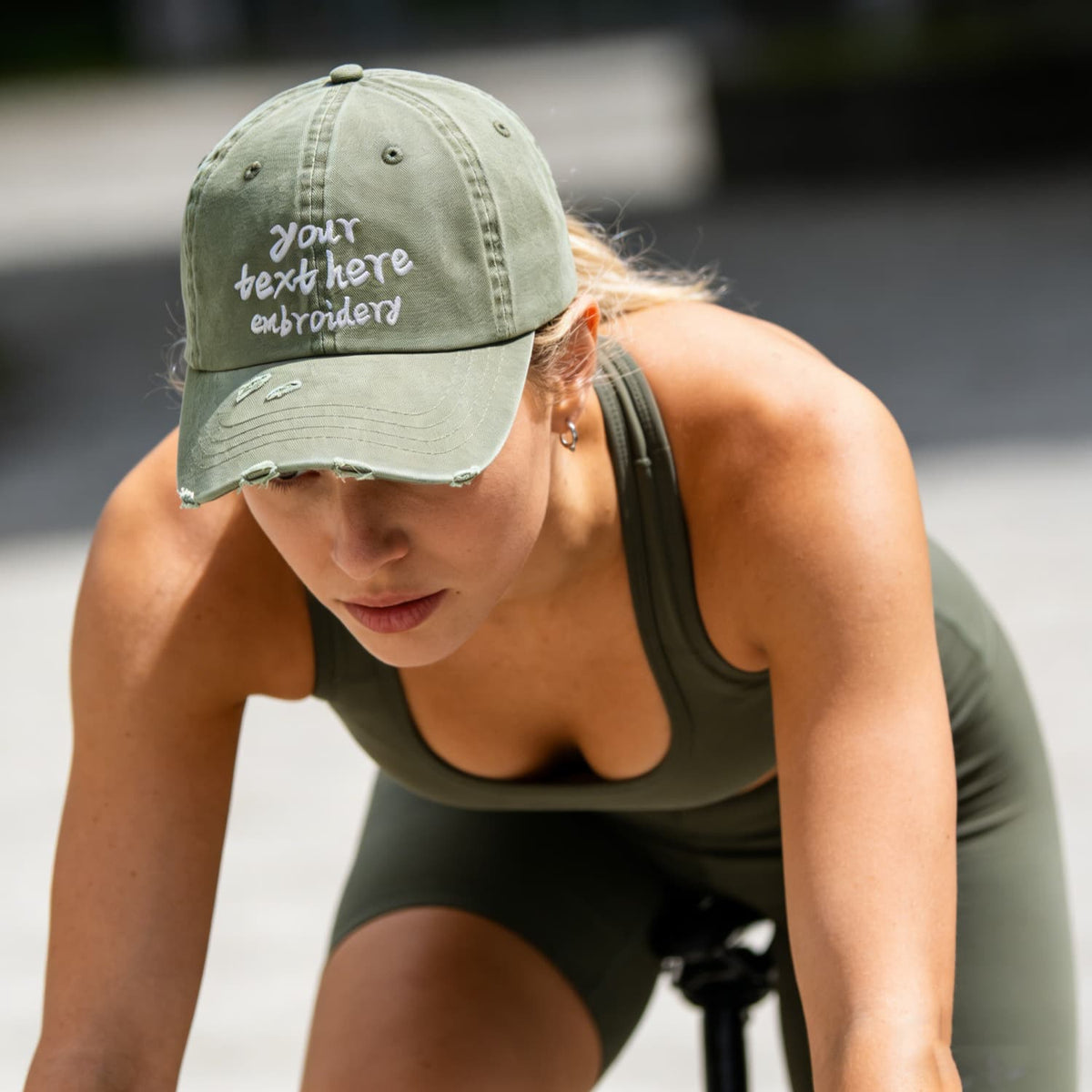 Vosoli Olive Distressed Denim Baseball Cap - Team Custom Embroider or Print Personalized Hat