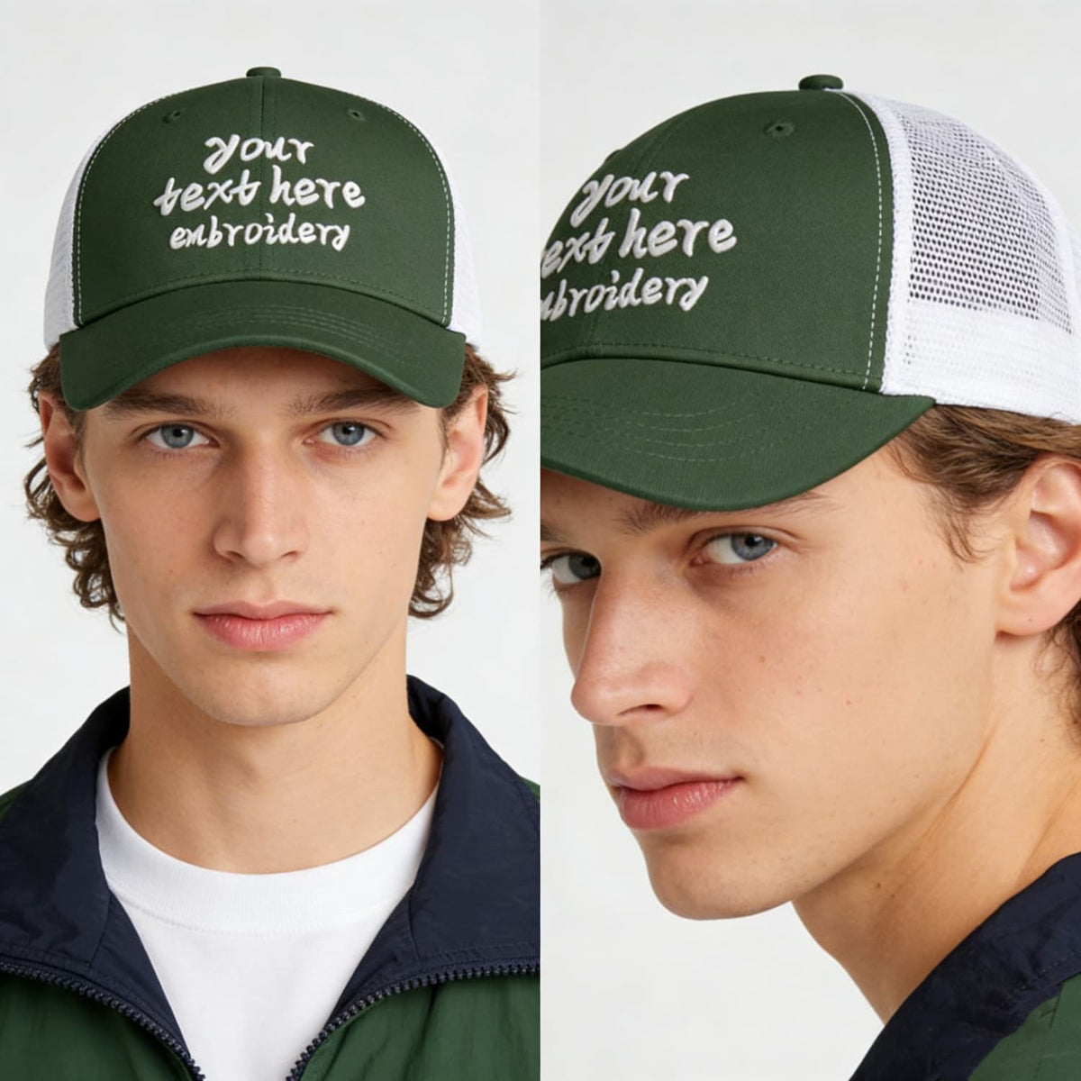 Vosoli Olive Green & White Mesh-Back Trucker Cap - Unisex Personal & Team Custom 3D Embroidery or Print Hat