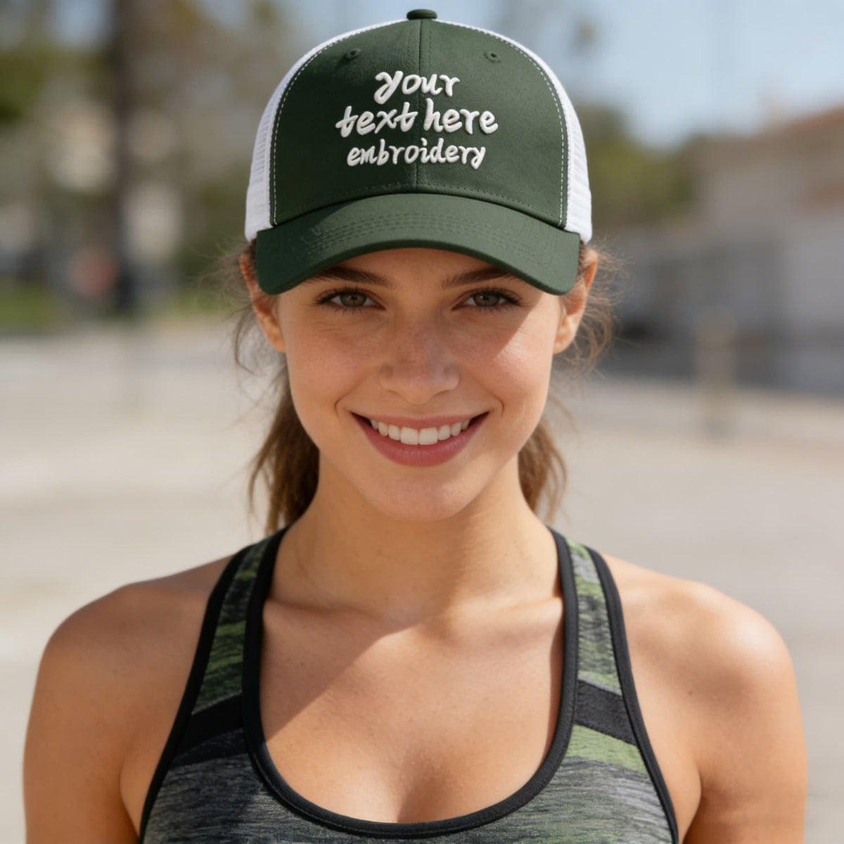 Vosoli Olive Green &amp; White Mesh-Back Trucker Cap - Unisex Personal &amp; Team Custom 3D Embroidery or Print Hat