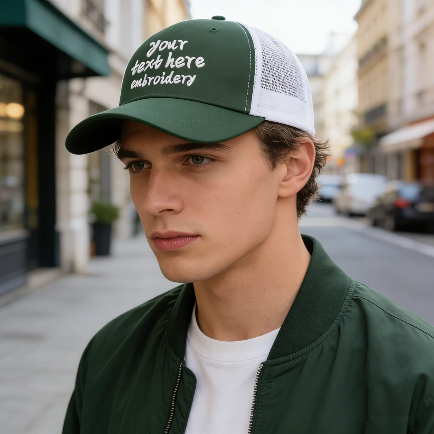 Vosoli Olive Green & White Mesh-Back Trucker Cap - Unisex Personal & Team Custom 3D Embroidery or Print Hat