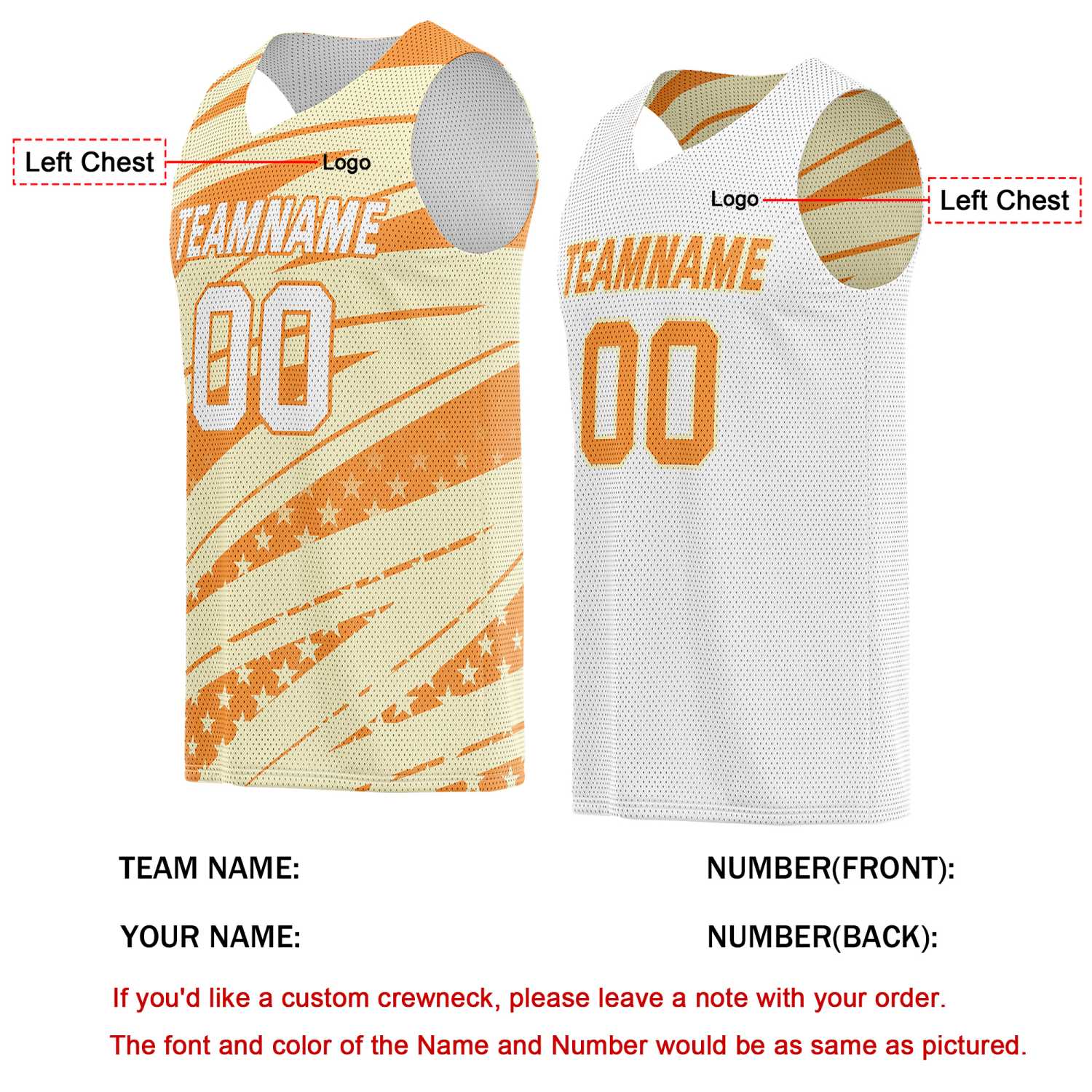Custom Reversible Basketball Jersey for Individuals & Teams – Orange Beige White Star Stripe | Vosoli