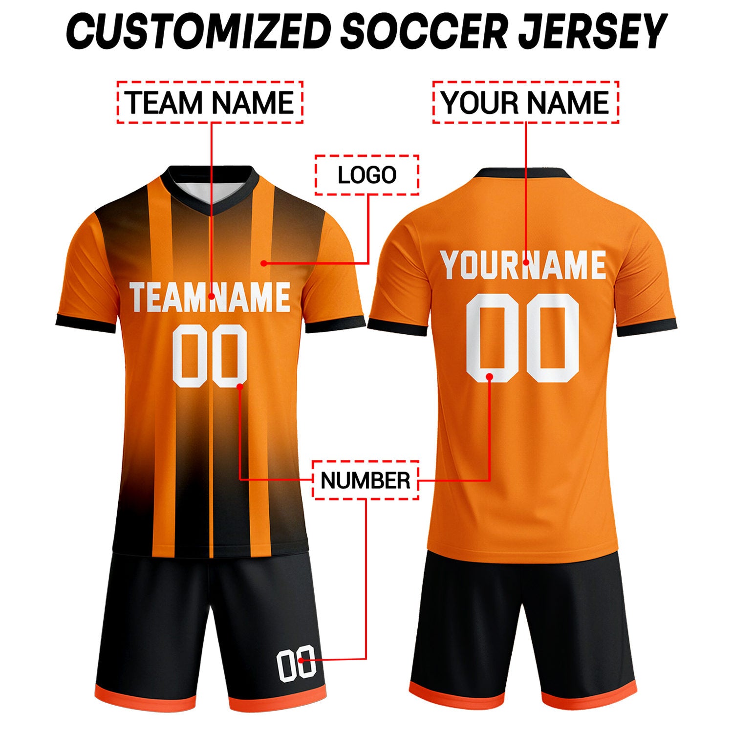 Custom Orange & Black Stripe Gradient Soccer Uniform Set for Teams & Individuals | Vosoli