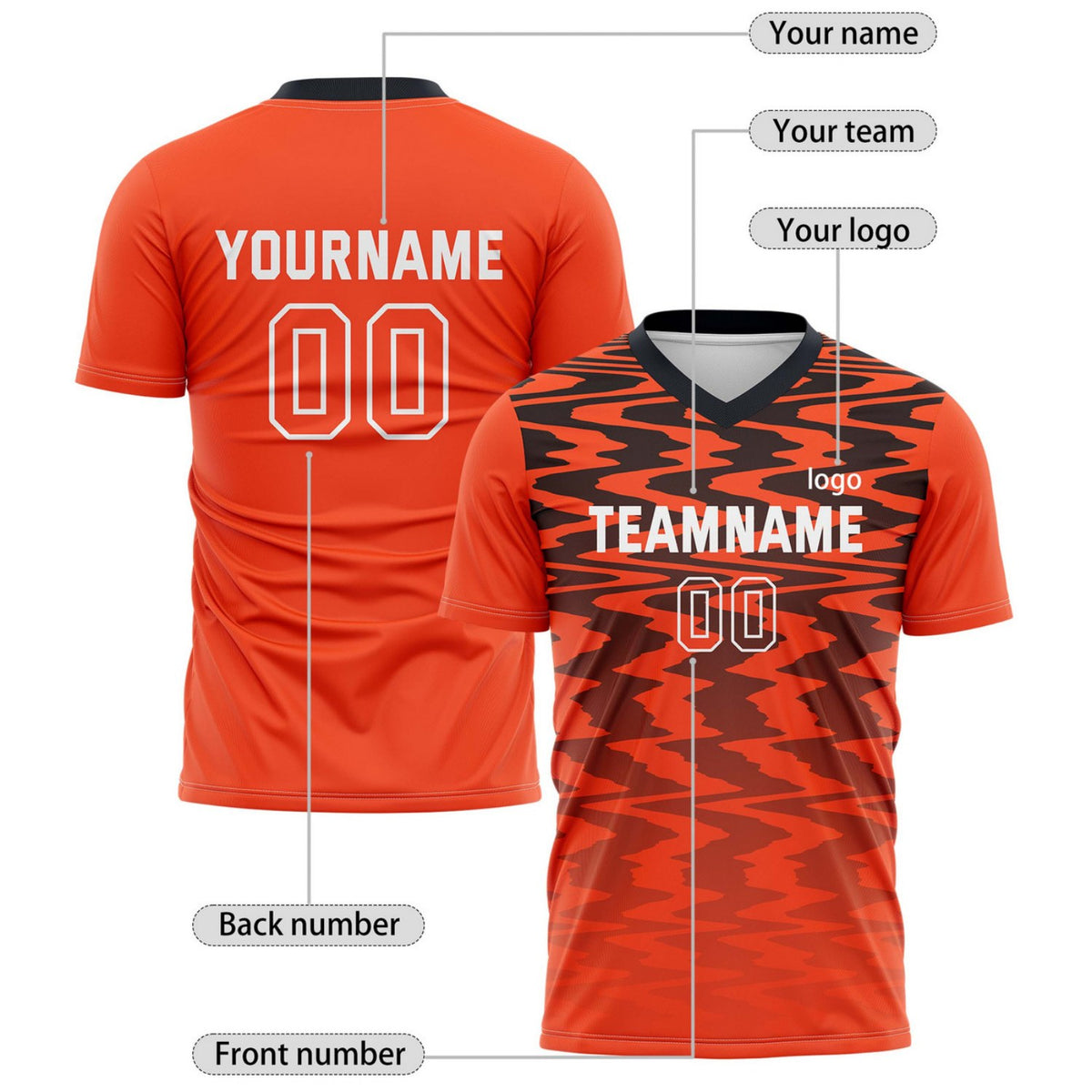 Custom Orange & Black Wave Pattern Soccer Jersey for Teams & Individuals | Vosoli
