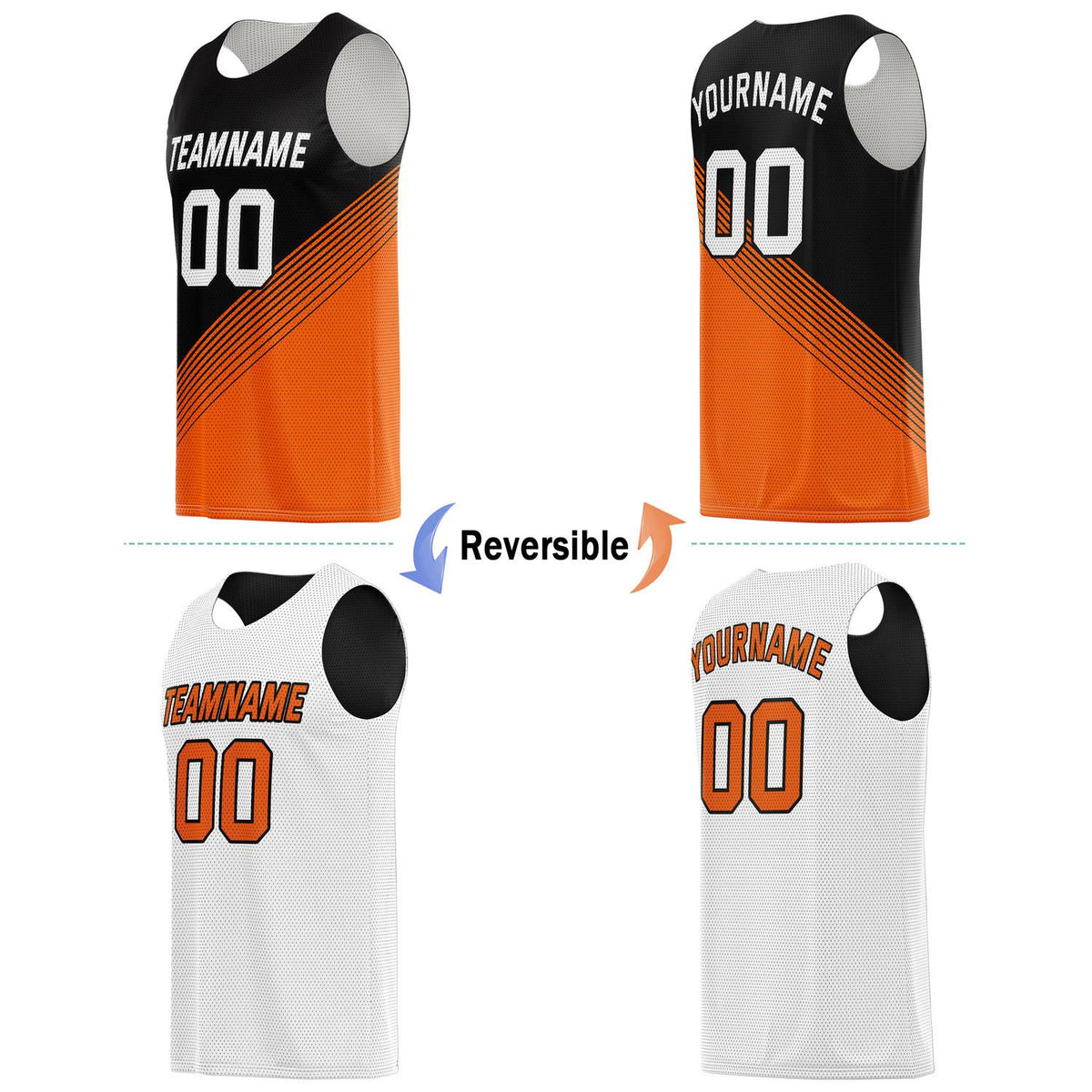Custom Reversible Basketball Jersey & Shorts Set for Individuals & Teams – Orange Black White Diagonal Stripe | Vosoli