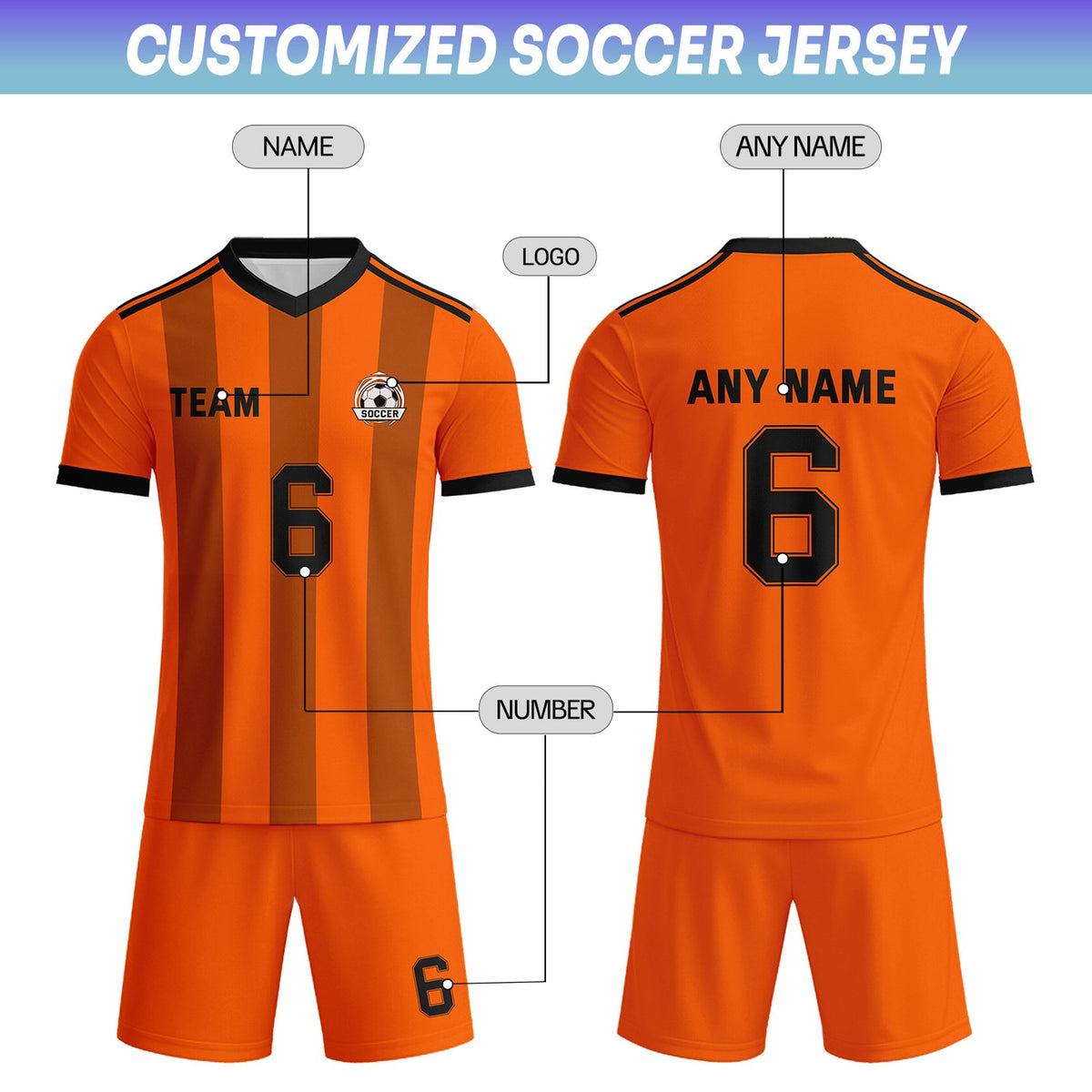 Custom Orange & Brown-Black Striped Soccer Uniform Set for Teams & Individuals | Vosoli