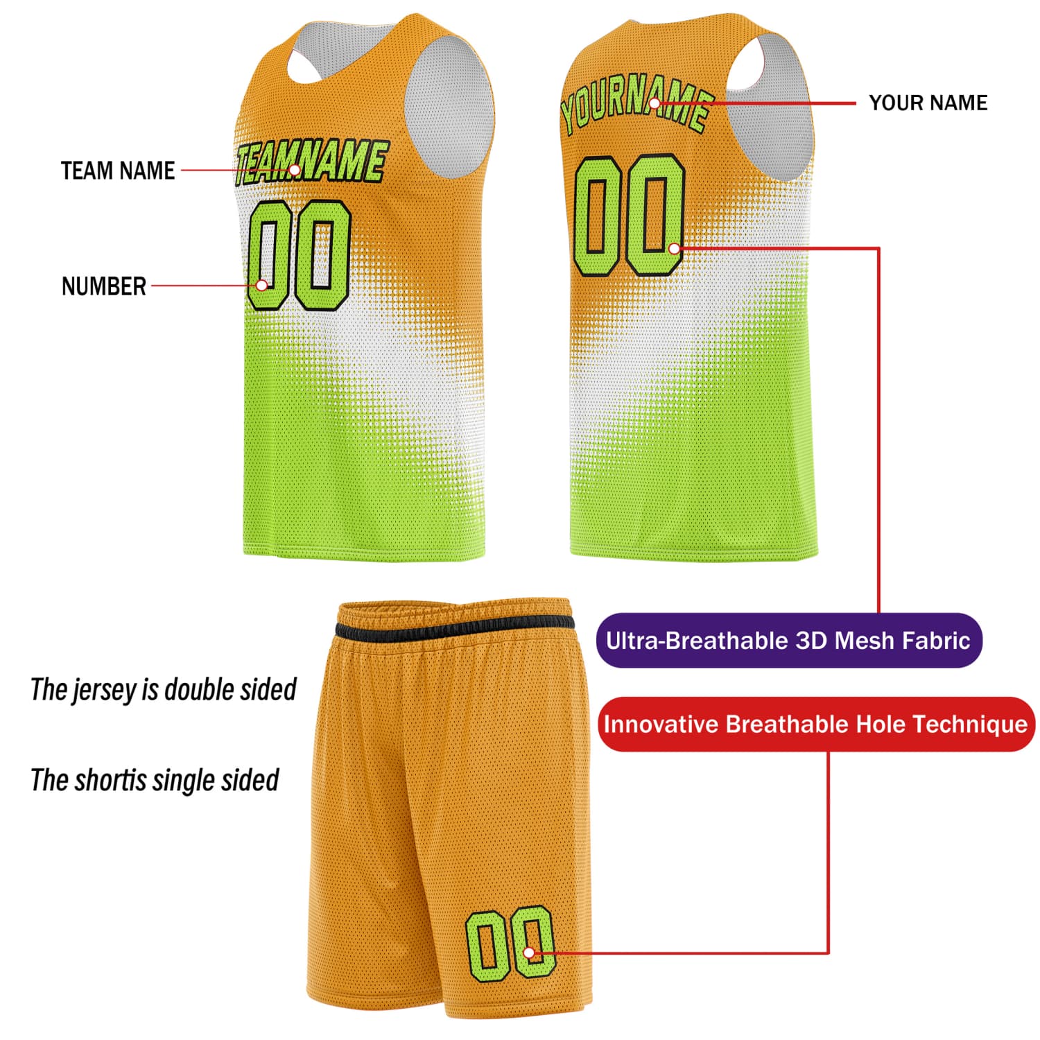 Custom Reversible Basketball Jersey & Shorts Set – Orange Green White | Vosoli (For Teams & Individuals)