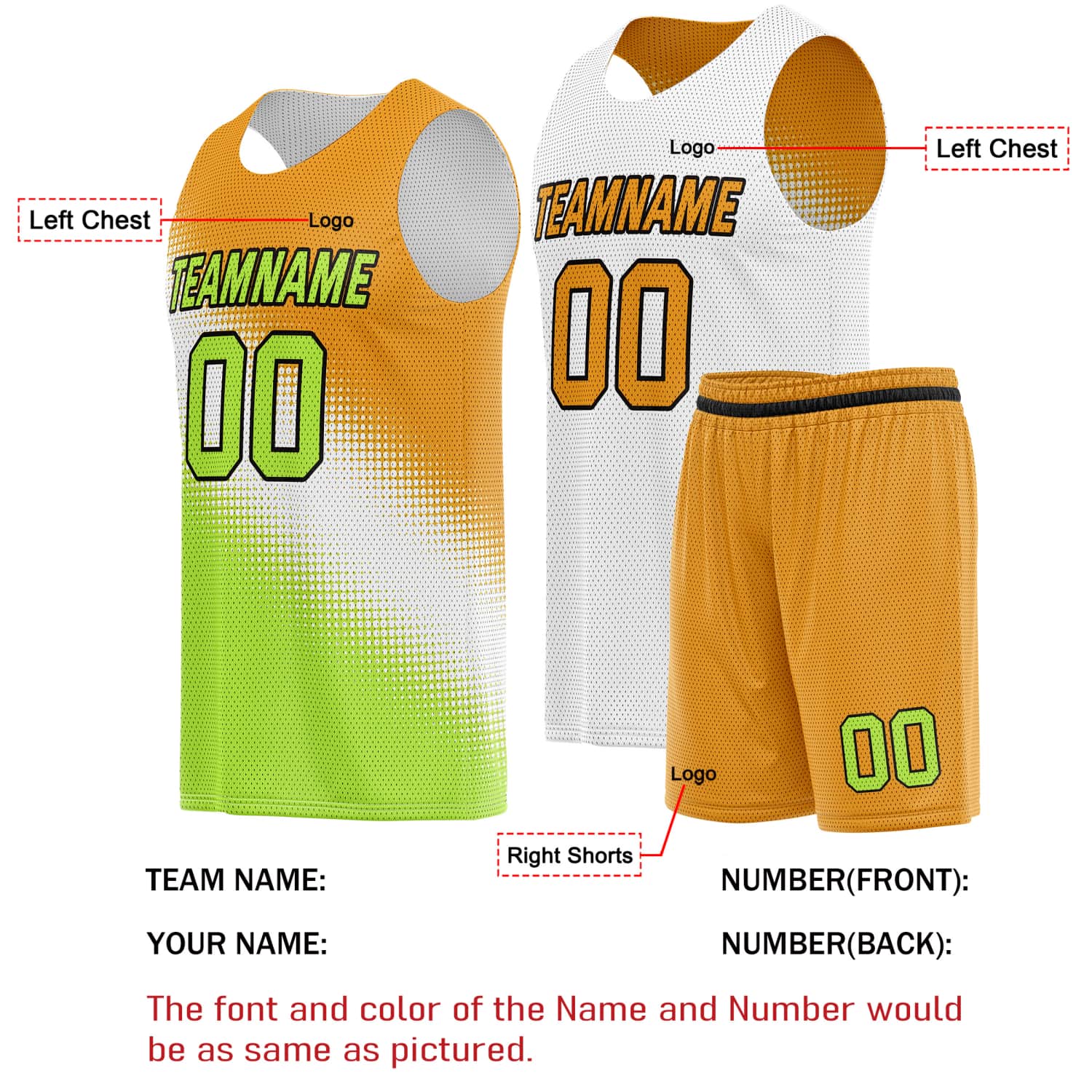 Custom Reversible Basketball Jersey & Shorts Set – Orange Green White | Vosoli (For Teams & Individuals)