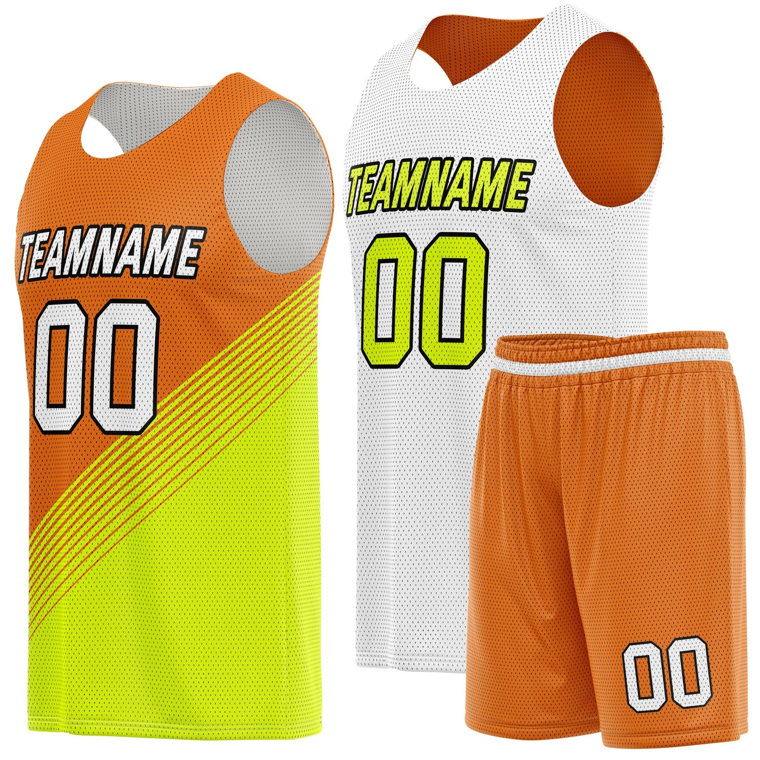 Custom Reversible Basketball Jersey & Shorts Set for Individuals & Teams – Orange Neon Green White Diagonal Stripe | Vosoli