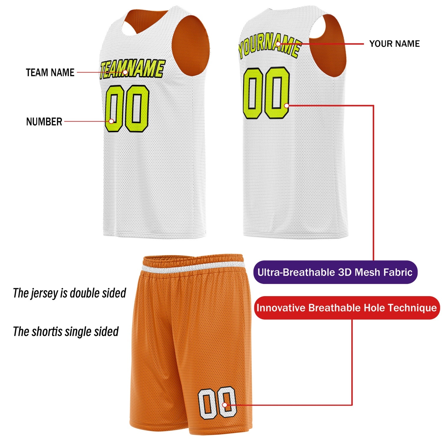 Custom Reversible Basketball Jersey & Shorts Set for Individuals & Teams – Orange Neon Green White Diagonal Stripe | Vosoli