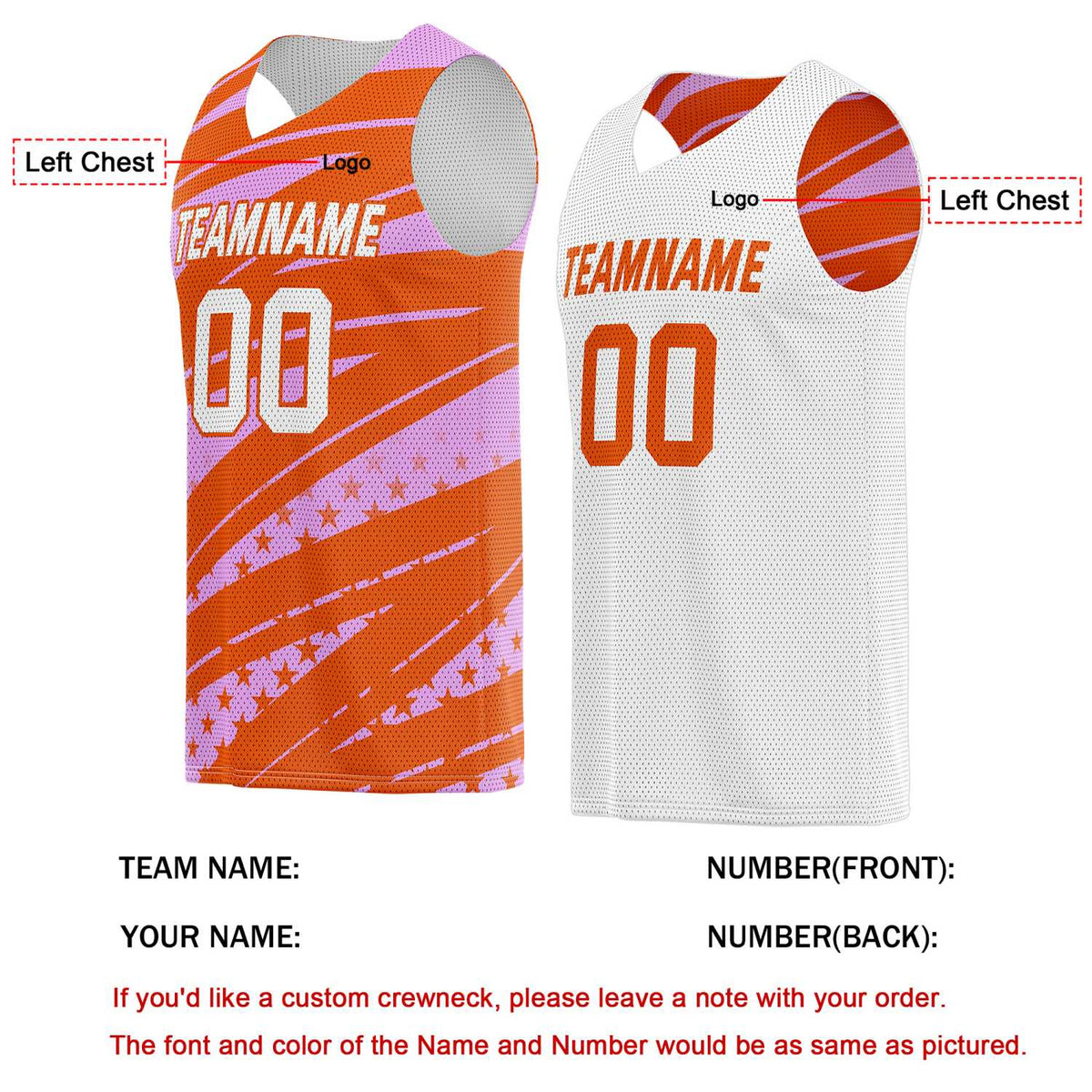 Custom Reversible Basketball Jersey for Individuals & Teams – Orange Pink White Star Stripe | Vosoli
